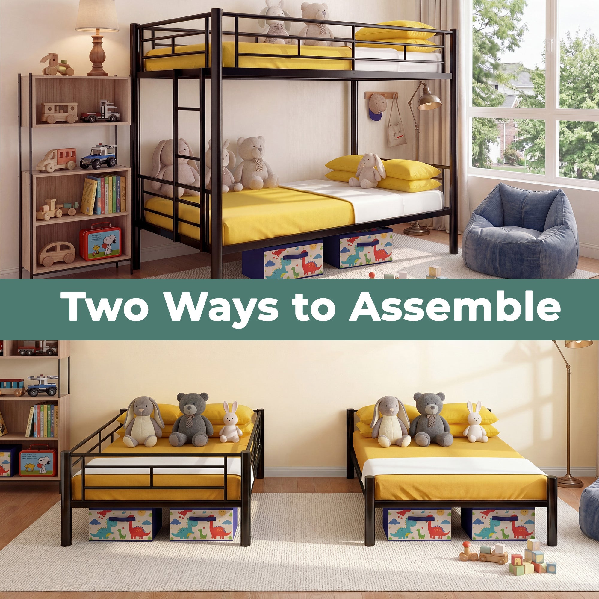 Kdymod Twin over Twin Metal Bunk Bed Converts to 2 Separate Beds, Space-Saving Bunk Bed Frame with Storage,Twin Bunk Bed with Built-in Ladder & Safety Guardrail, Black