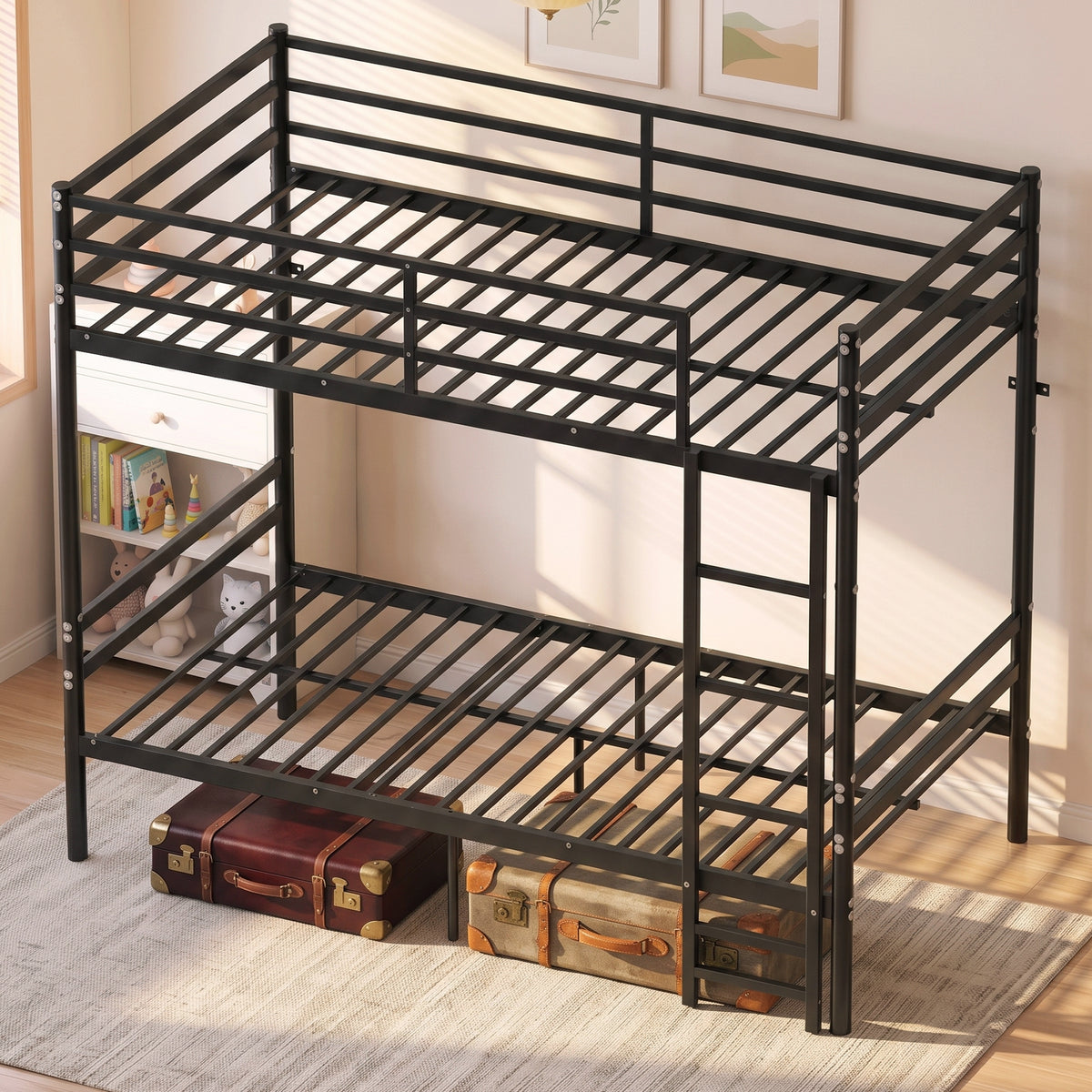 Kdymod Twin over Twin Metal Bunk Bed with Storage, Includes 2 Twin Size Memory Foam Mattresses, Converts to 2 Separate Beds, Heavy-Duty Bed Frame with Built-in Ladder & Safety Guardrail