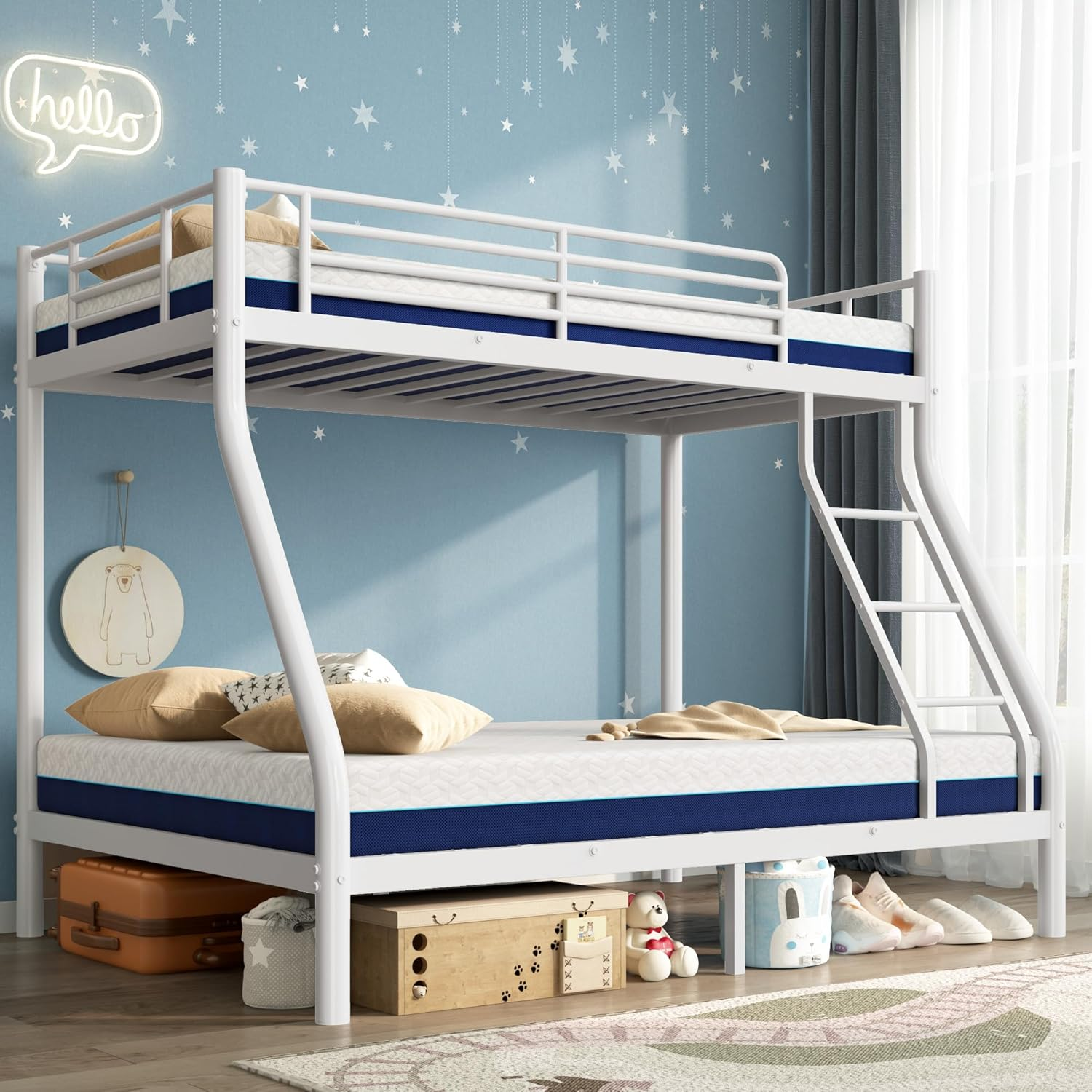 Kdymod Twin over Full Metal Bunk Bed with Stairs & Storage, Heavy Duty Bed Frame for Adults & Teens, Includes 2 6" Memory Foam Mattresses, No Box Spring Needed, White