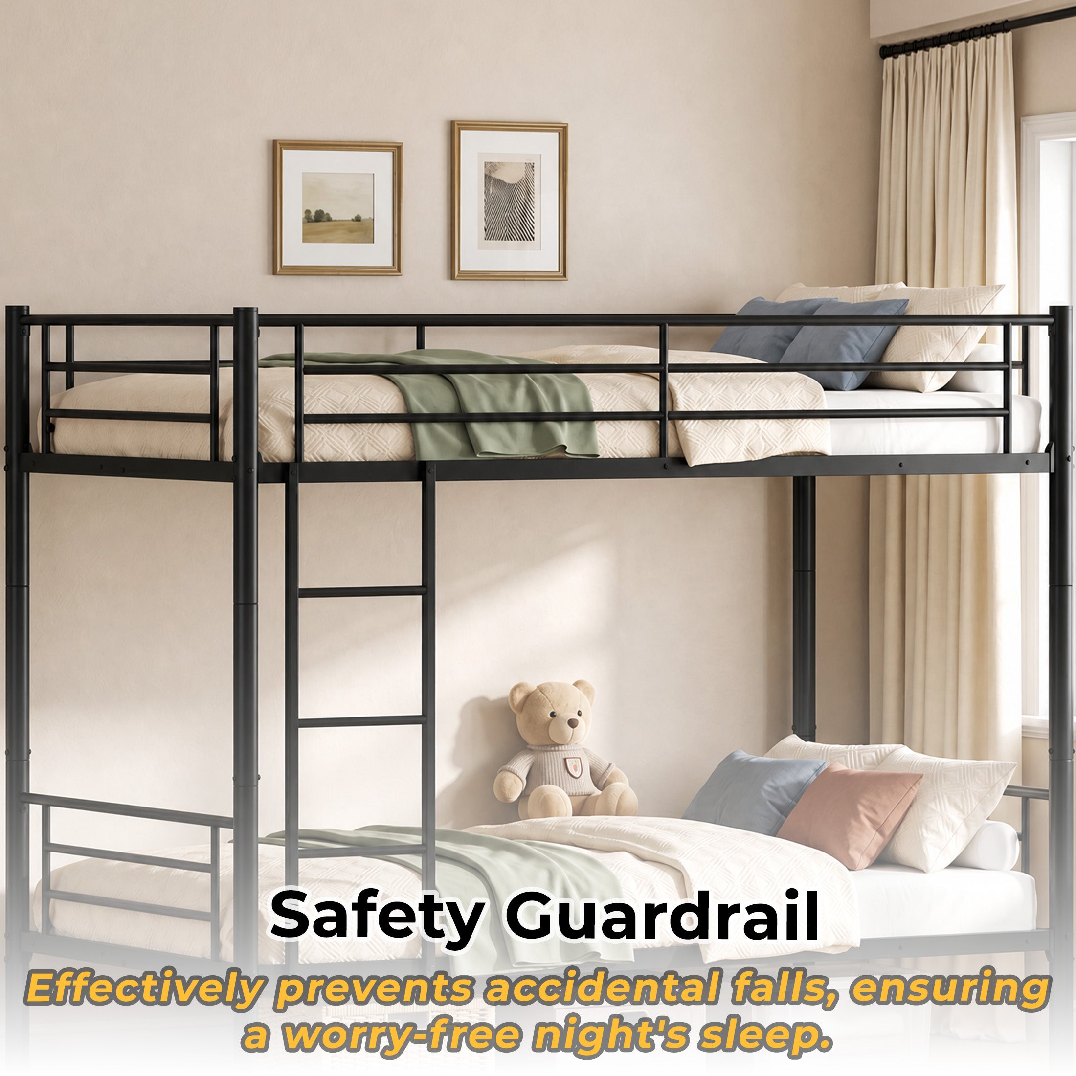 Kdymod Twin over Twin Metal Bunk Bed Converts to 2 Separate Beds, Space-Saving Bunk Bed Frame with Storage,Twin Bunk Bed with Built-in Ladder & Safety Guardrail, Black