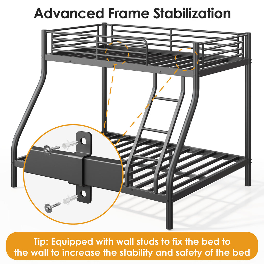 Netrum Twin over Full Bunk Bed for Teens Adults,Heavy Duty Metal Bunk Beds Frame with Ladder,Twin Full Size Bed Bunk Bed with Safe Guardrail for Small Rome,Black