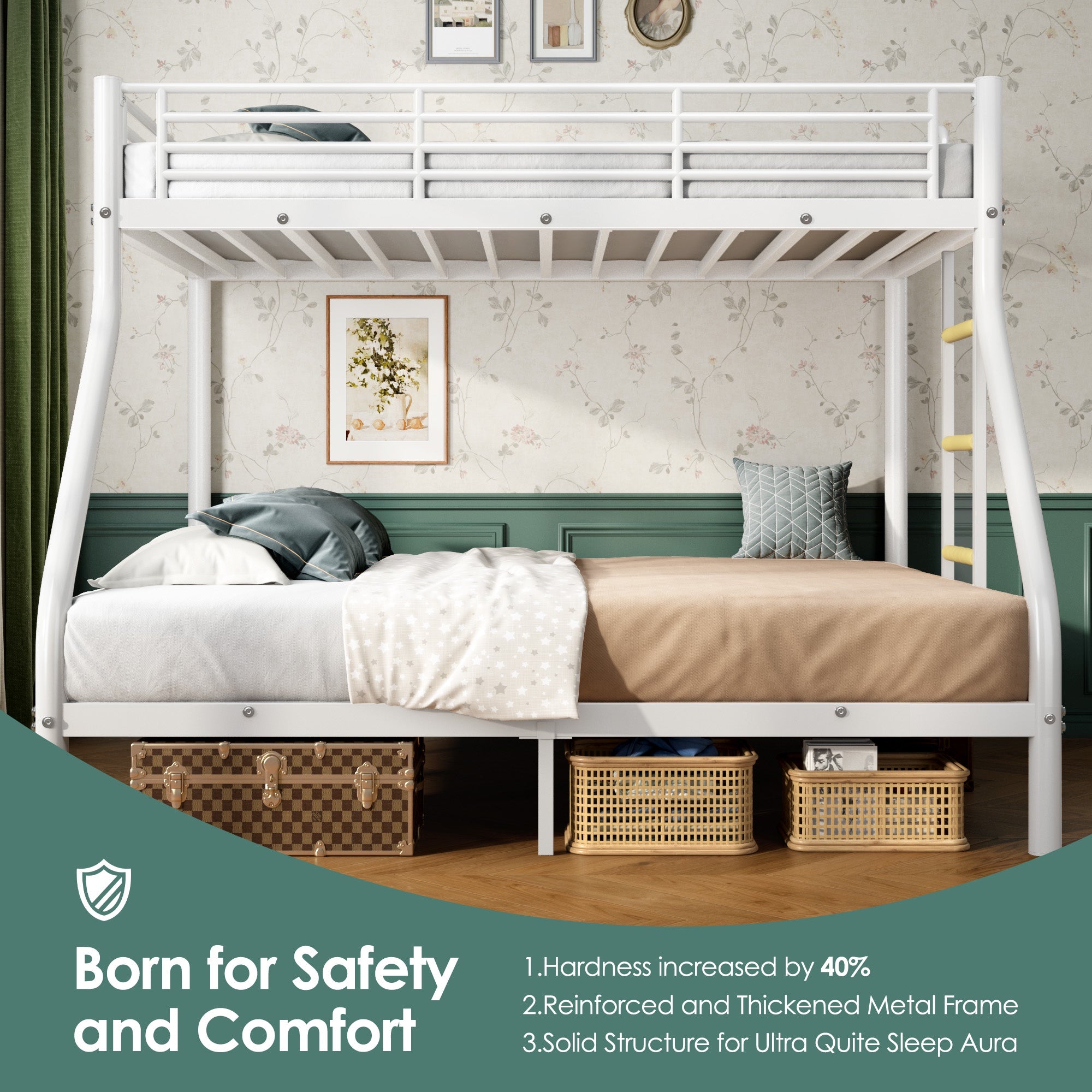 Netrum Twin XL over Queen Bunk Bed for Adults,Heavy Duty Metal Bunk Beds Frame with Wall Fastener Screws,Ladder & Full-Length Guardrail,White