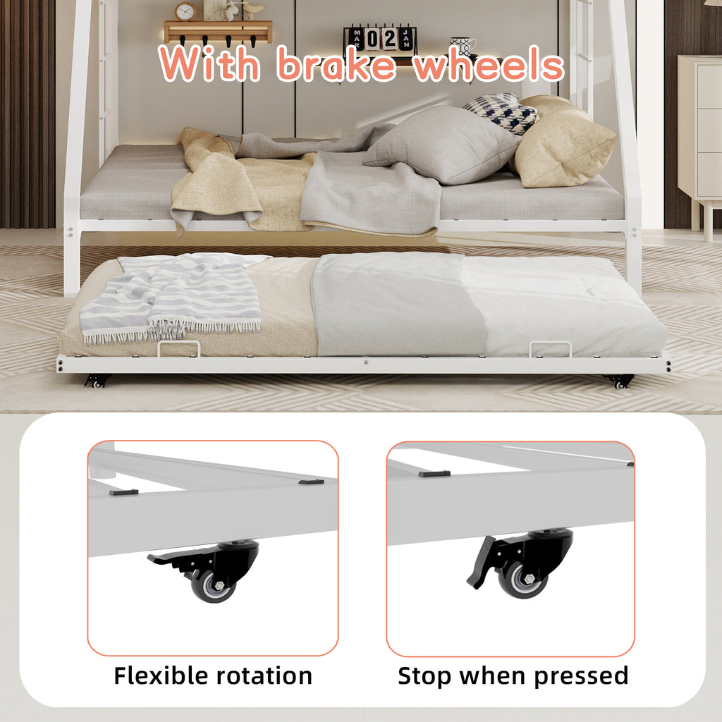 Kdymod Twin over Full Bunk Bed with Twin Trundle, Triple Bunk Bed with Ladder & Safety Guardrail, Space-Saving 3-Bed Bunk Bed Frame for Teens and Adults, No Box Spring Needed, White
