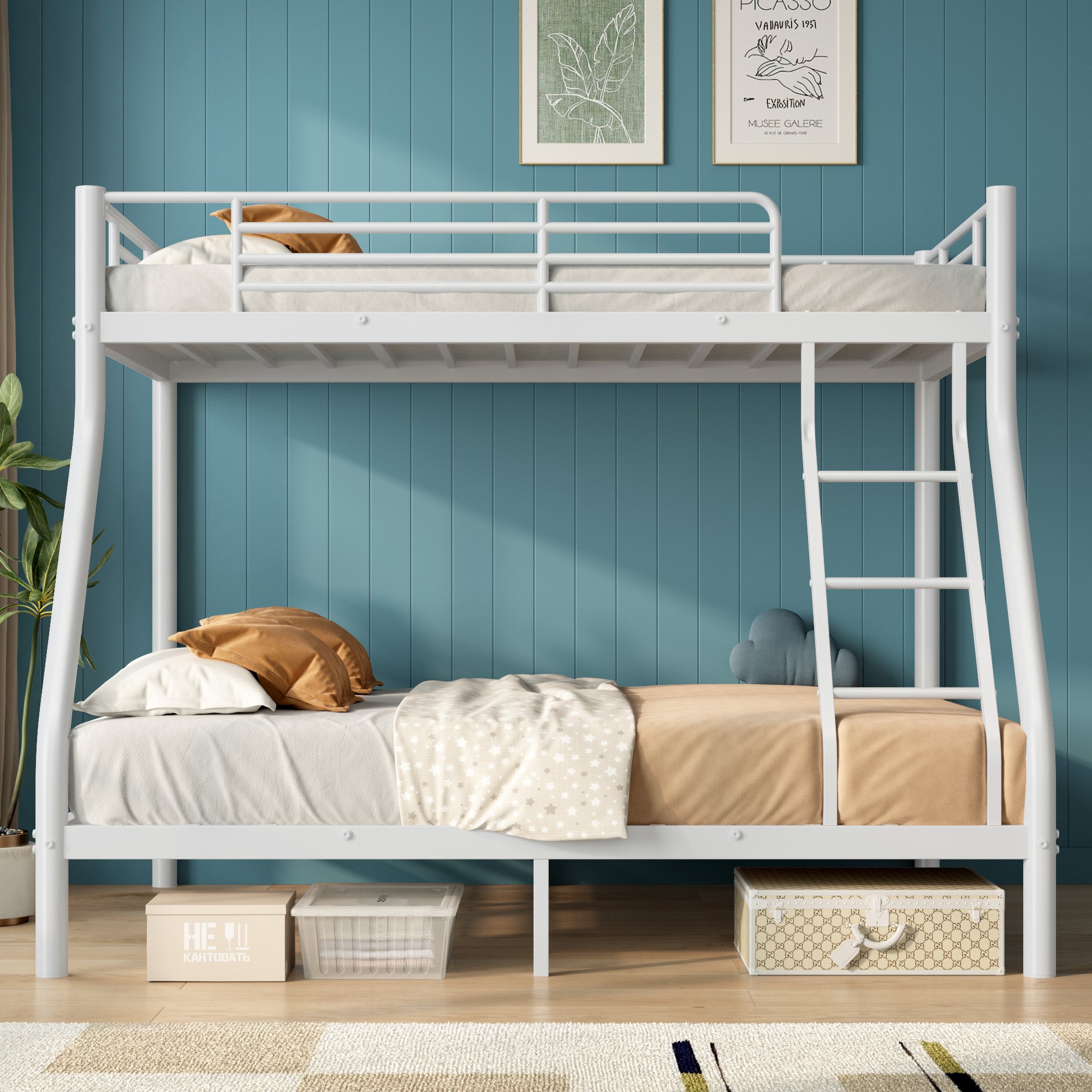 Kdymod Bunk Bed Twin over Full Bunk Beds with Ladder,Heavy Duty Metal Bunk Bed Frame with Wall Fastener Screws,Twin Full Size Bed Bunk Bed with Full-Length Guardrail for Adults,White