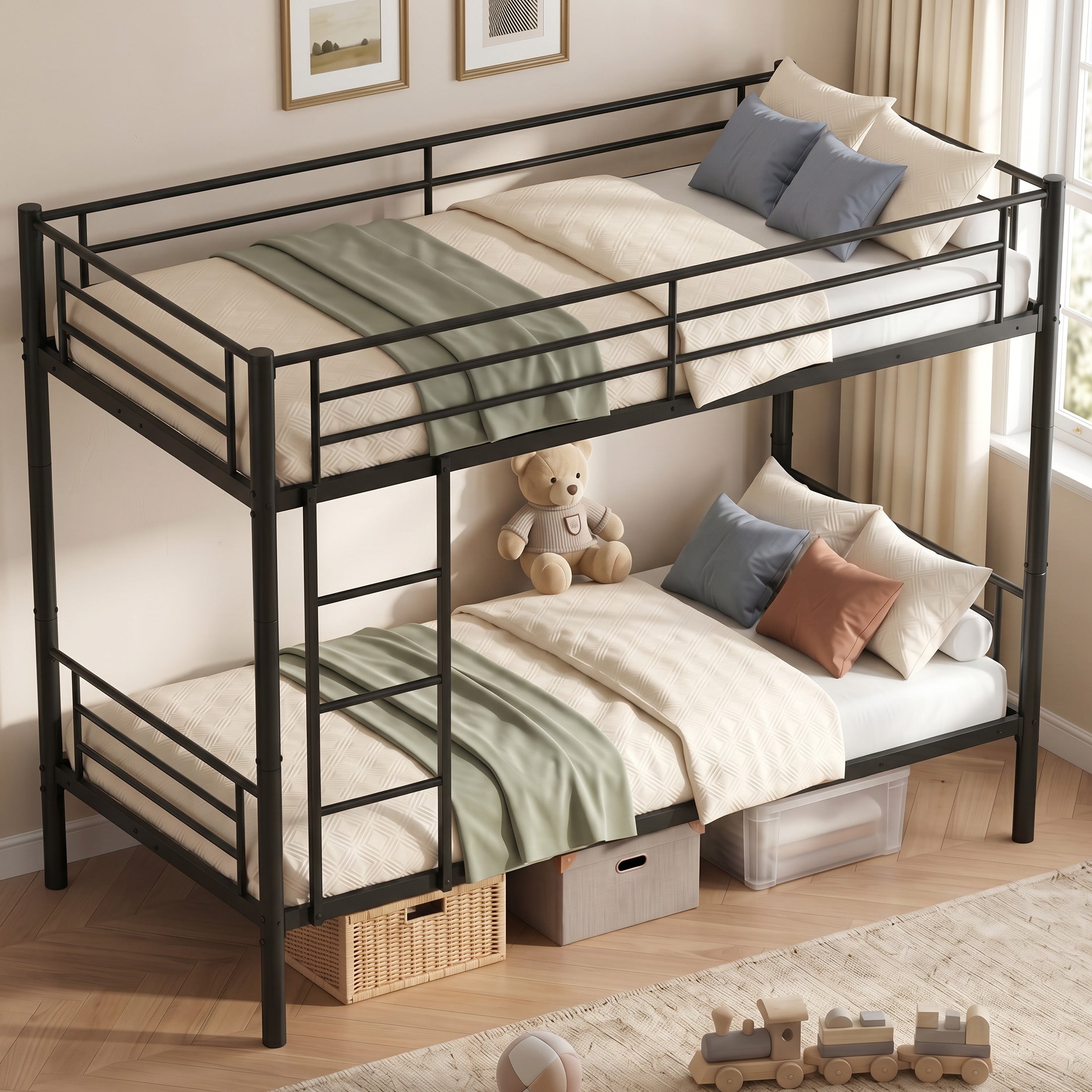 Kdymod Twin over Twin Metal Bunk Bed Converts to 2 Separate Beds, Space-Saving Bunk Bed Frame with Storage,Twin Bunk Bed with Built-in Ladder & Safety Guardrail, Black