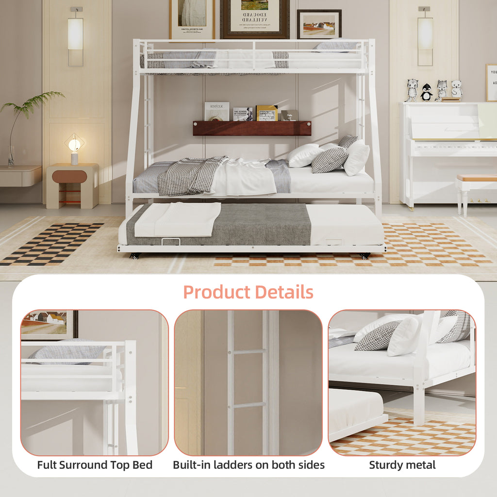 Kdymod Twin-XL over Queen Bunk Bed with Twin Trundle, Triple Bunk Bed with Ladder & Safety Guardrail, Space-Saving 3-Bed Bunk Bed Frame for Teens and Adults, No Box Spring Needed, White
