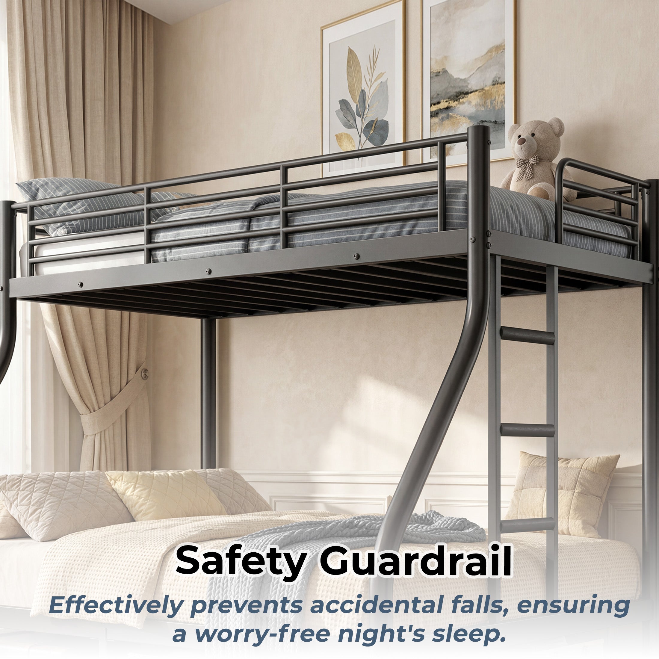 Kdymod Twin XL over Queen Metal Bunk Bed with Stairs & Storage, Heavy Duty Bed Frame for Adults & Teens, Includes 2 6" Memory Foam Mattresses, No Box Spring Needed, Black