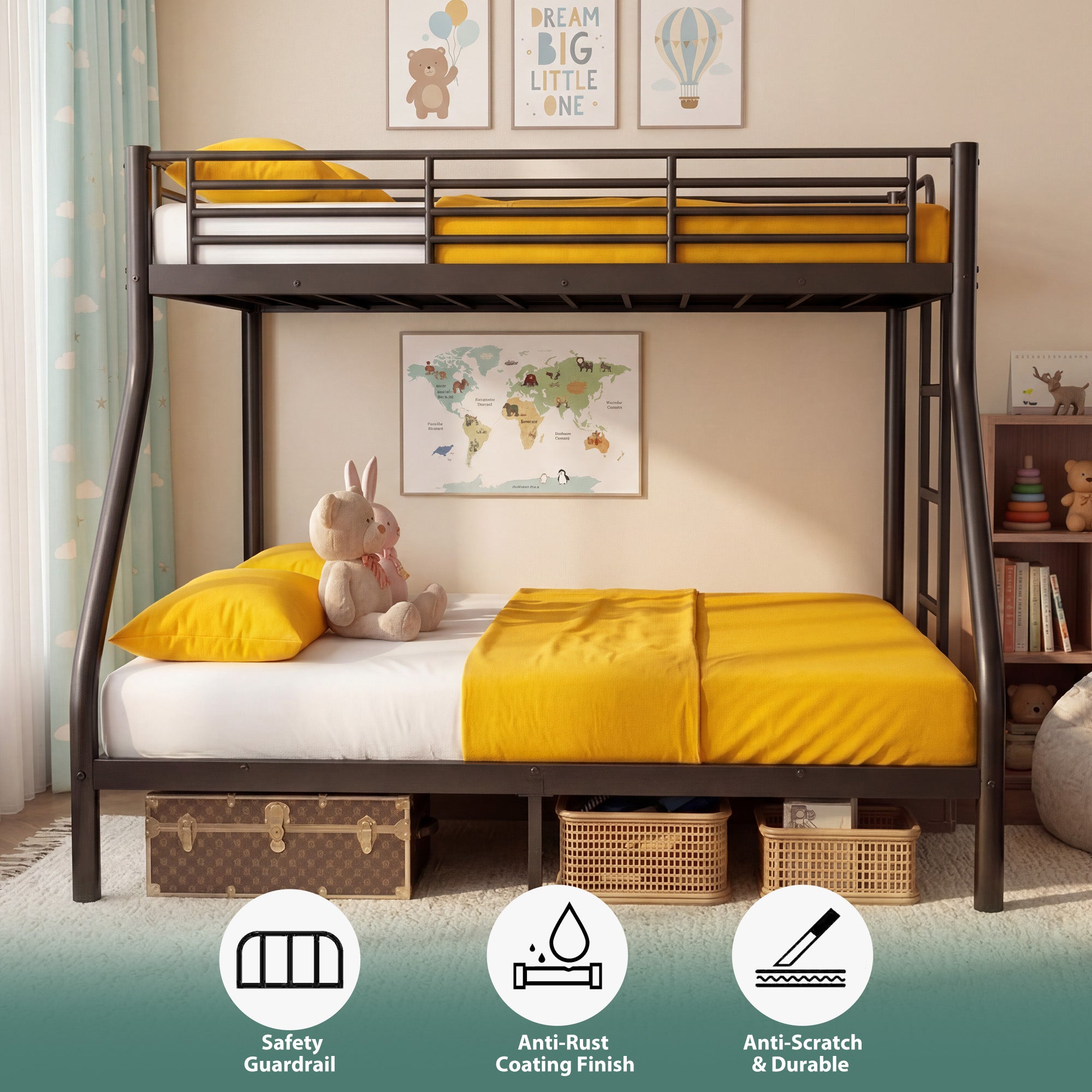 Netrum Twin XL over Queen Bunk Bed for Adults,Heavy Duty Metal Bunk Beds Frame with Wall Fastener Screws,Ladder & Full-Length Guardrail,Black