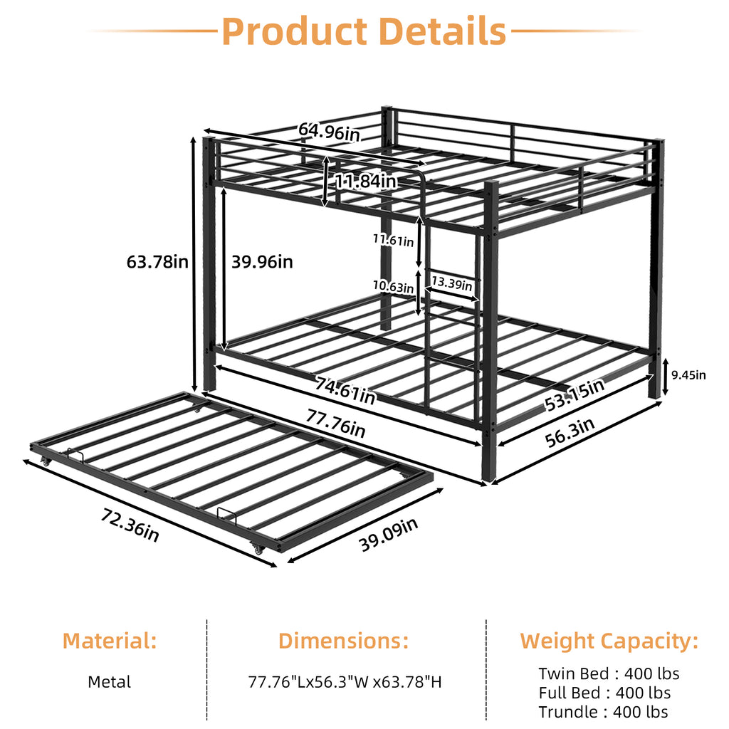 Kdymod Full over Full Bunk Bed with Twin Trundle, Triple Bunk Bed with Ladder & Safety Guardrail, Space-Saving 3-Bed Bunk Bed Frame for Teens and Adults, Includes 3 6" Memory Foam Mattresses, Black
