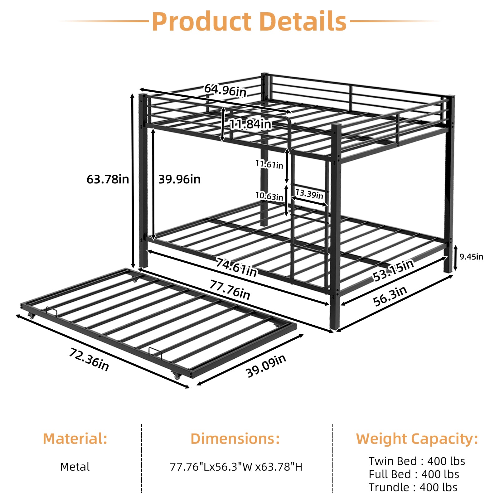 Kdymod Full over Full Bunk Bed with Twin Trundle, Triple Bunk Bed with Ladder & Safety Guardrail, Space-Saving 3-Bed Bunk Bed Frame for Teens and Adults, Includes 3 6" Memory Foam Mattresses, Black