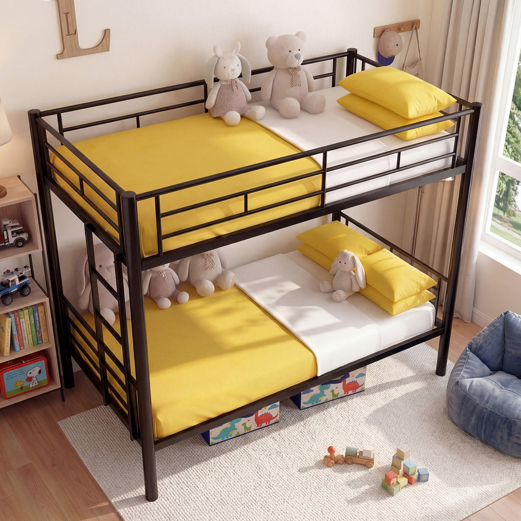 Kdymod Twin over Twin Metal Bunk Bed Converts to 2 Separate Beds, Space-Saving Bunk Bed Frame with Storage,Twin Bunk Bed with Built-in Ladder & Safety Guardrail, Black