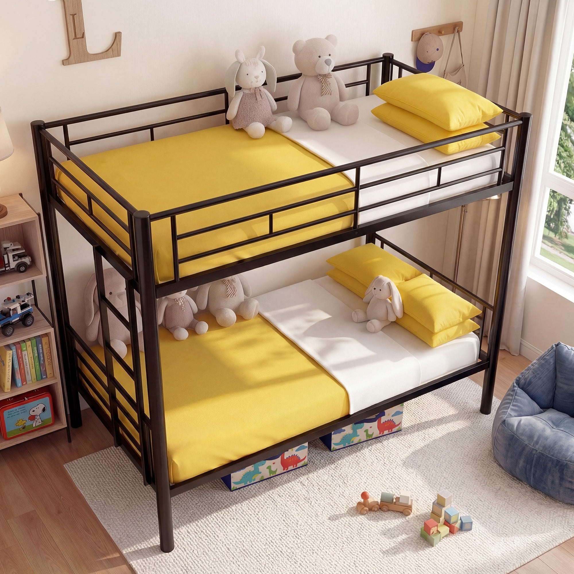Kdymod Twin over Twin Metal Bunk Bed Converts to 2 Separate Beds, Space-Saving Bunk Bed Frame with Storage,Twin Bunk Bed with Built-in Ladder & Safety Guardrail, Black
