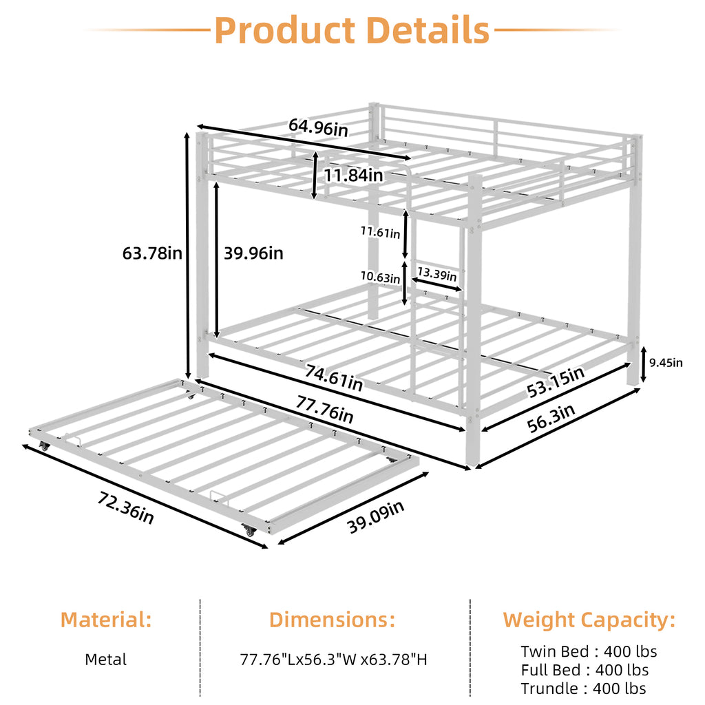 Kdymod Full over Full Bunk Bed with Twin Trundle, Triple Bunk Bed with Ladder & Safety Guardrail, Space-Saving 3-Bed Bunk Bed Frame for Teens and Adults, Includes 3 6" Memory Foam Mattresses, White