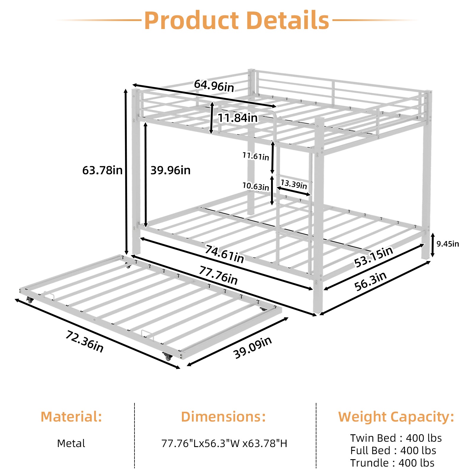 Kdymod Full over Full Bunk Bed with Twin Trundle, Triple Bunk Bed with Ladder & Safety Guardrail, Space-Saving 3-Bed Bunk Bed Frame for Teens and Adults, Includes 3 6" Memory Foam Mattresses, White