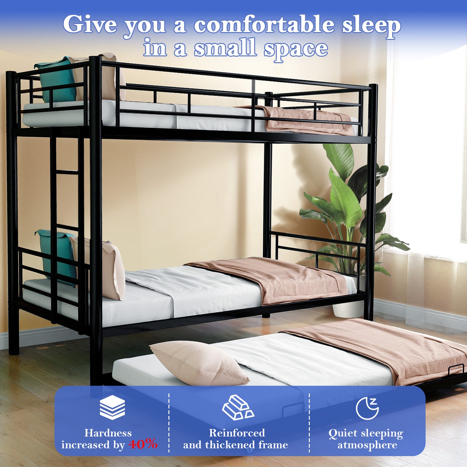 Netrum Twin over Twin Bunk Bed with Trundle ,Bunk Beds for Kids with Ladder & Guardrail, Three Bed Bunk Beds for Kids Teens, Black