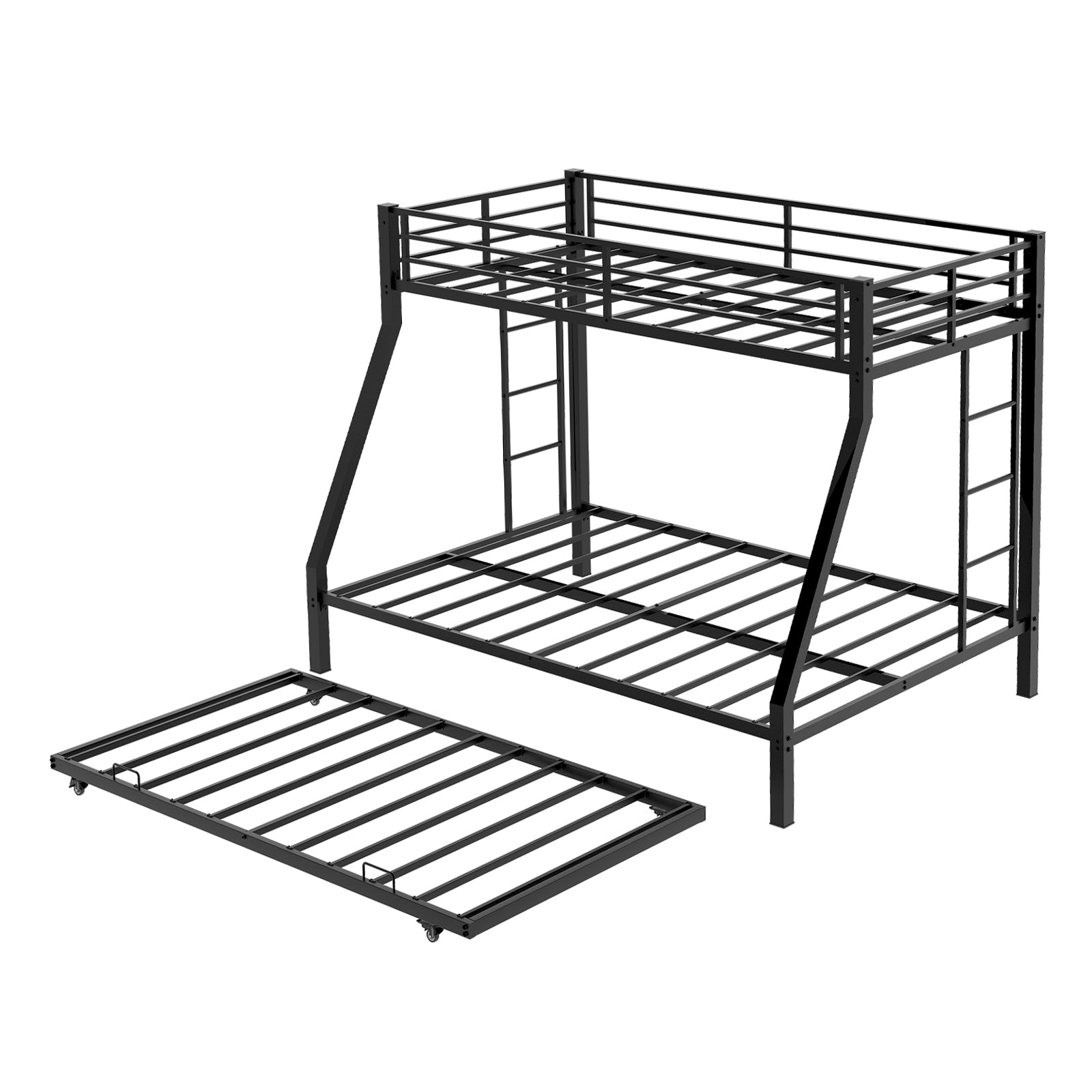 Kdymod Twin-XL over Queen Bunk Bed with Twin Trundle, Triple Bunk Bed with Ladder & Safety Guardrail, Bed Frame for Teens and Adults, Includes 3 6" Memory Foam Mattresses, Black