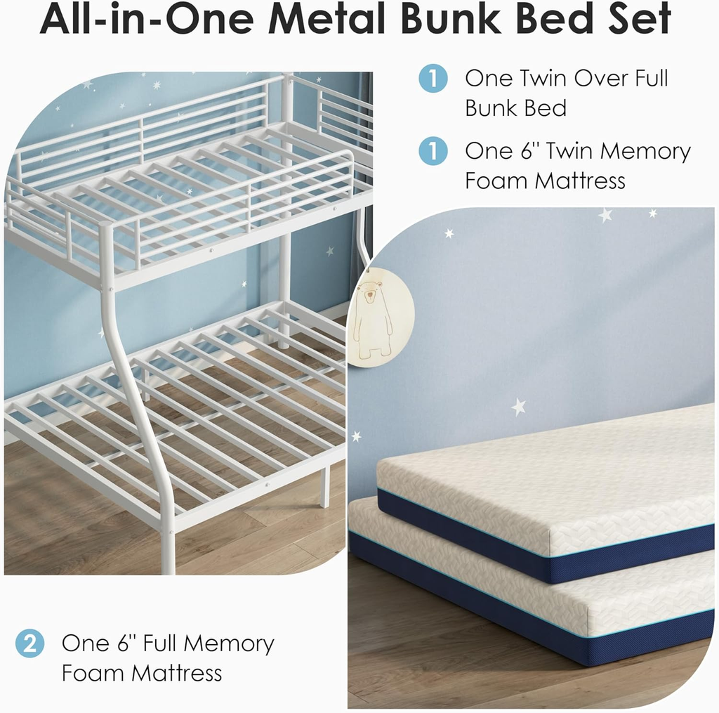 Kdymod Twin over Full Metal Bunk Bed with Stairs & Storage, Heavy Duty Bed Frame for Adults & Teens, Includes 2 6" Memory Foam Mattresses, No Box Spring Needed, White