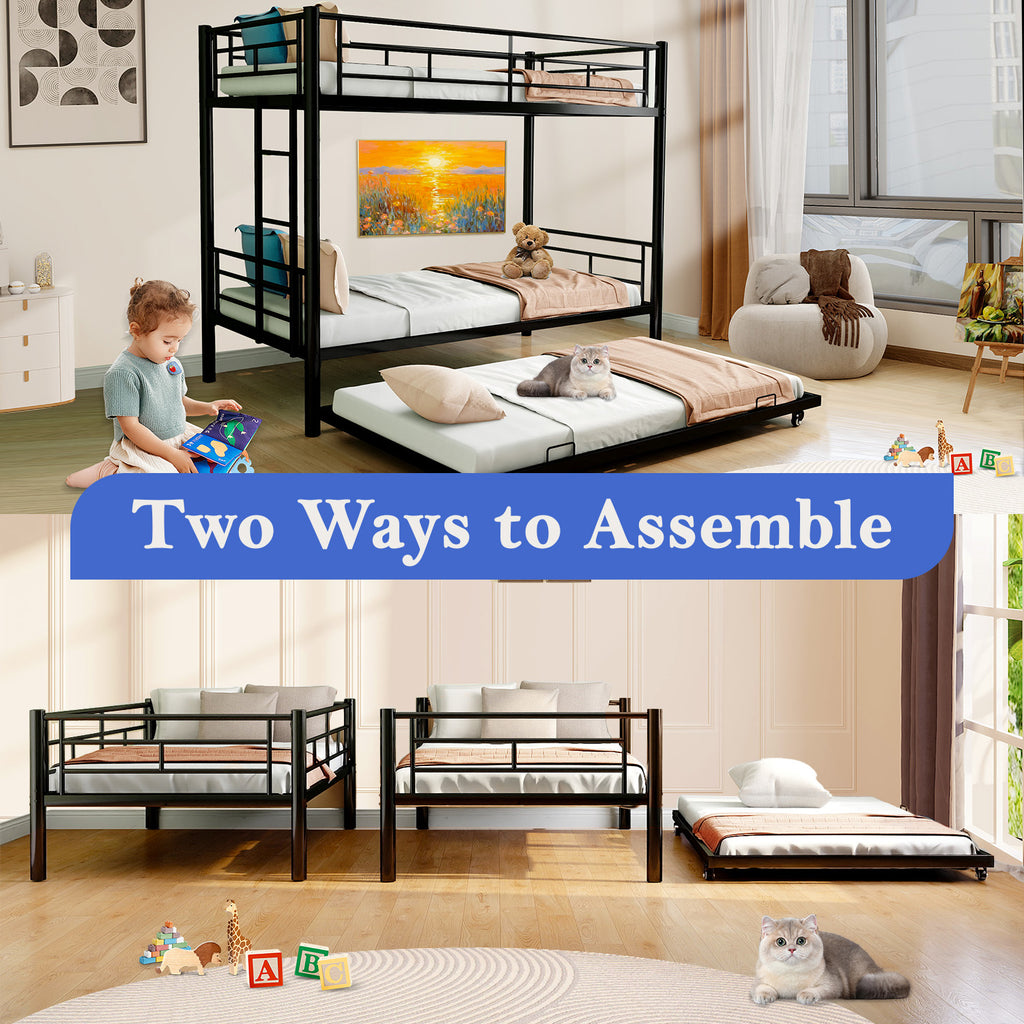 Netrum Twin over Twin Bunk Bed with Trundle ,Bunk Beds for Kids with Ladder & Guardrail, Three Bed Bunk Beds for Kids Teens, Black