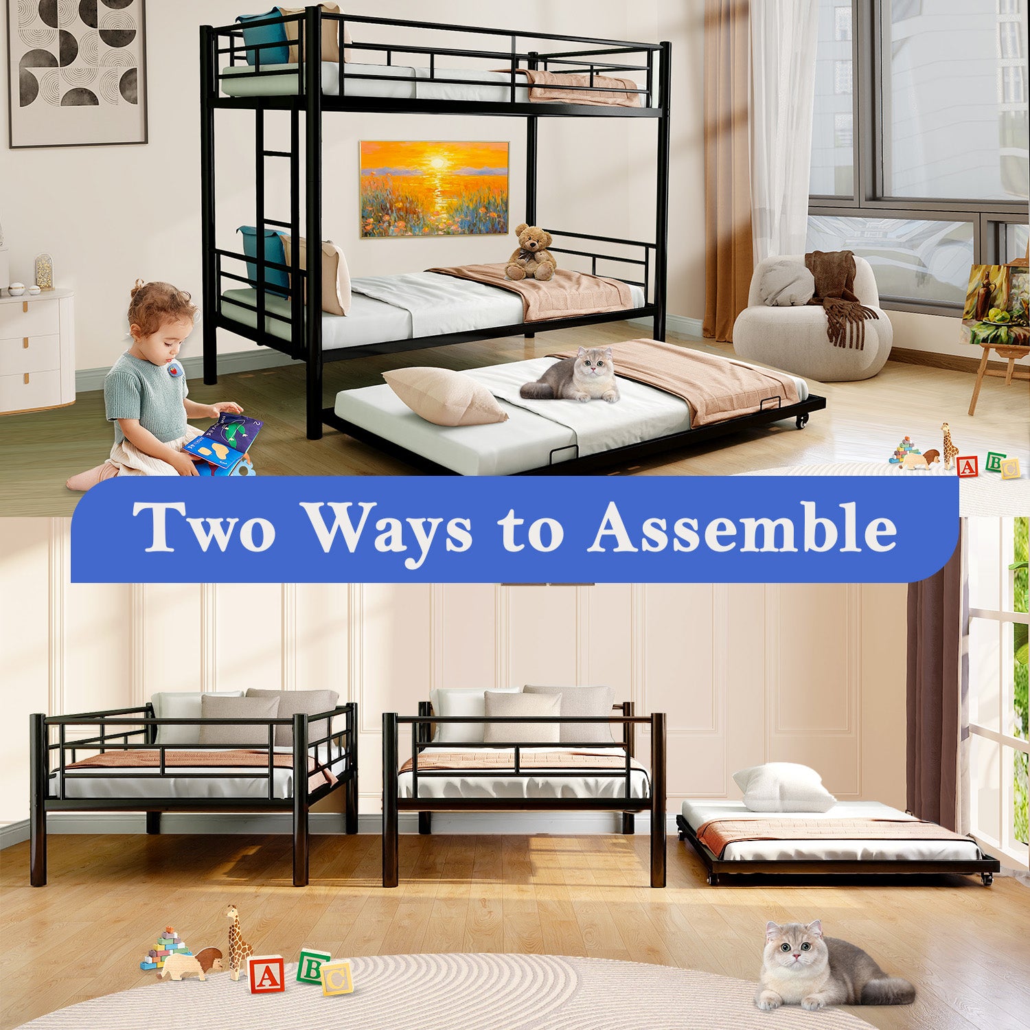 Netrum Twin over Twin Bunk Bed with Trundle ,Bunk Beds for Kids with Ladder & Guardrail, Three Bed Bunk Beds for Kids Teens, Black