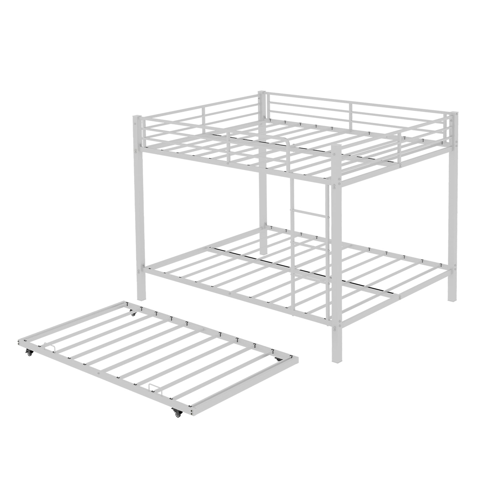Kdymod Full over Full Bunk Bed with Twin Trundle, Triple Bunk Bed with Ladder & Safety Guardrail, Space-Saving 3-Bed Bunk Bed Frame for Teens and Adults, No Box Spring Needed, White
