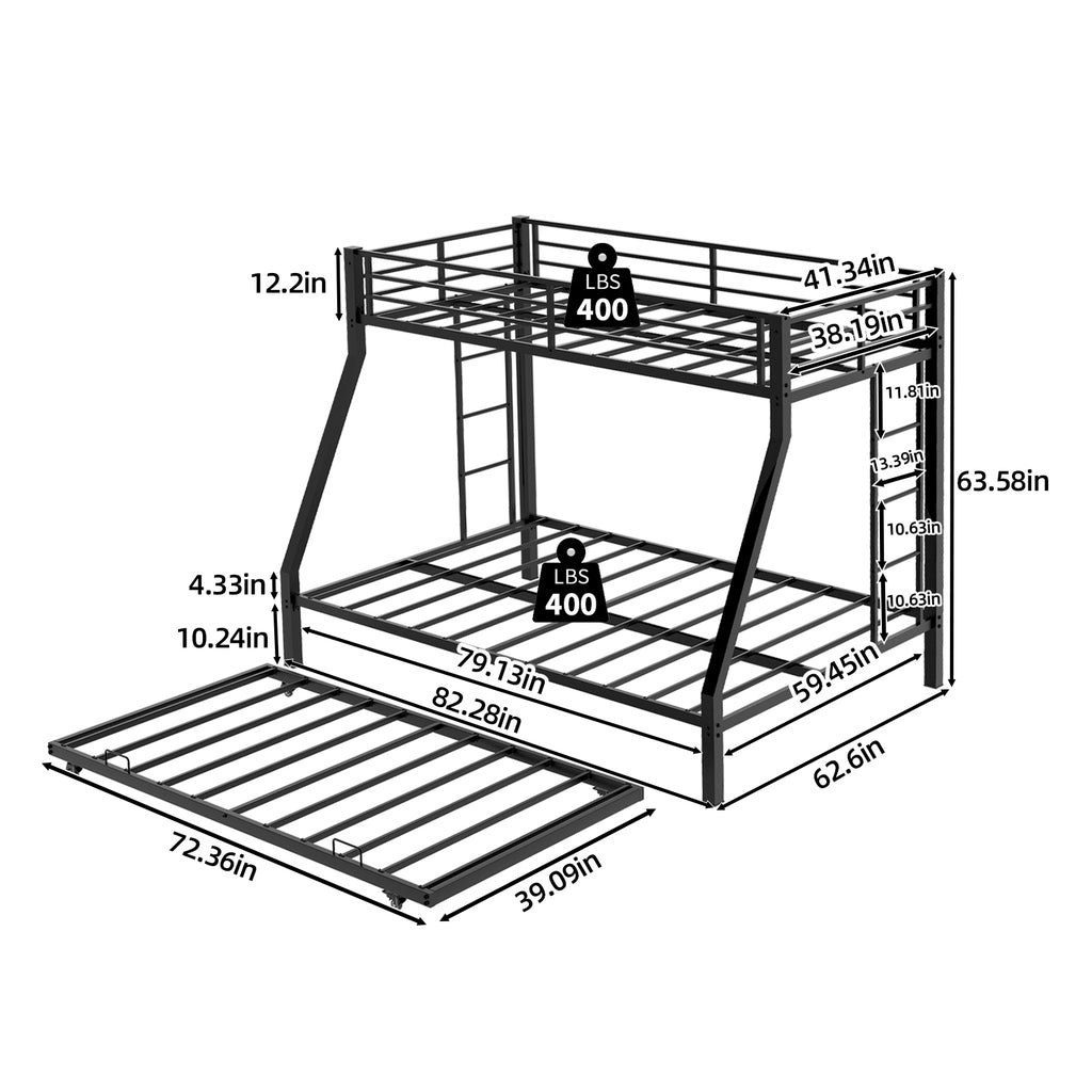 Kdymod Twin-XL over Queen Bunk Bed with Twin Trundle, Triple Bunk Bed with Ladder & Safety Guardrail, Bed Frame for Teens and Adults, Includes 3 6" Memory Foam Mattresses, Black