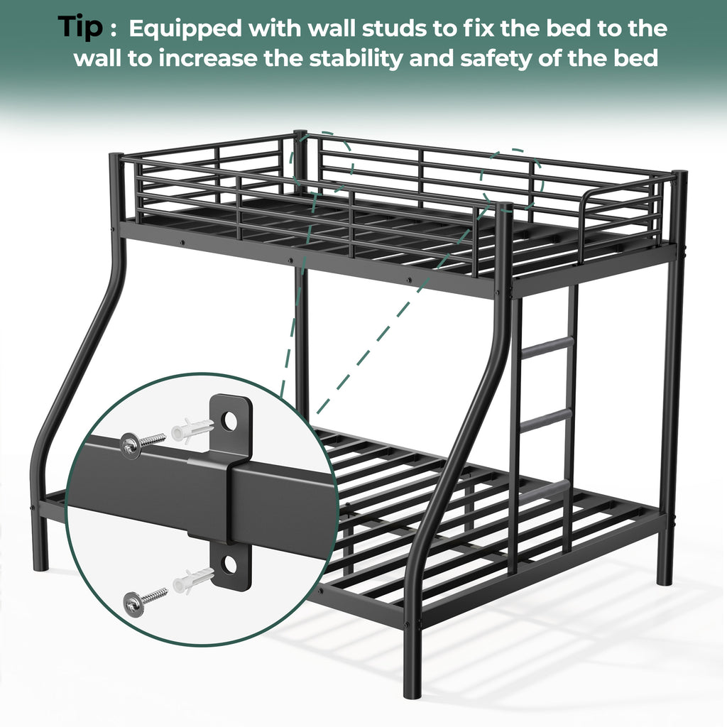 Netrum Twin XL over Queen Bunk Bed for Adults,Heavy Duty Metal Bunk Beds Frame with Wall Fastener Screws,Ladder & Full-Length Guardrail,Black