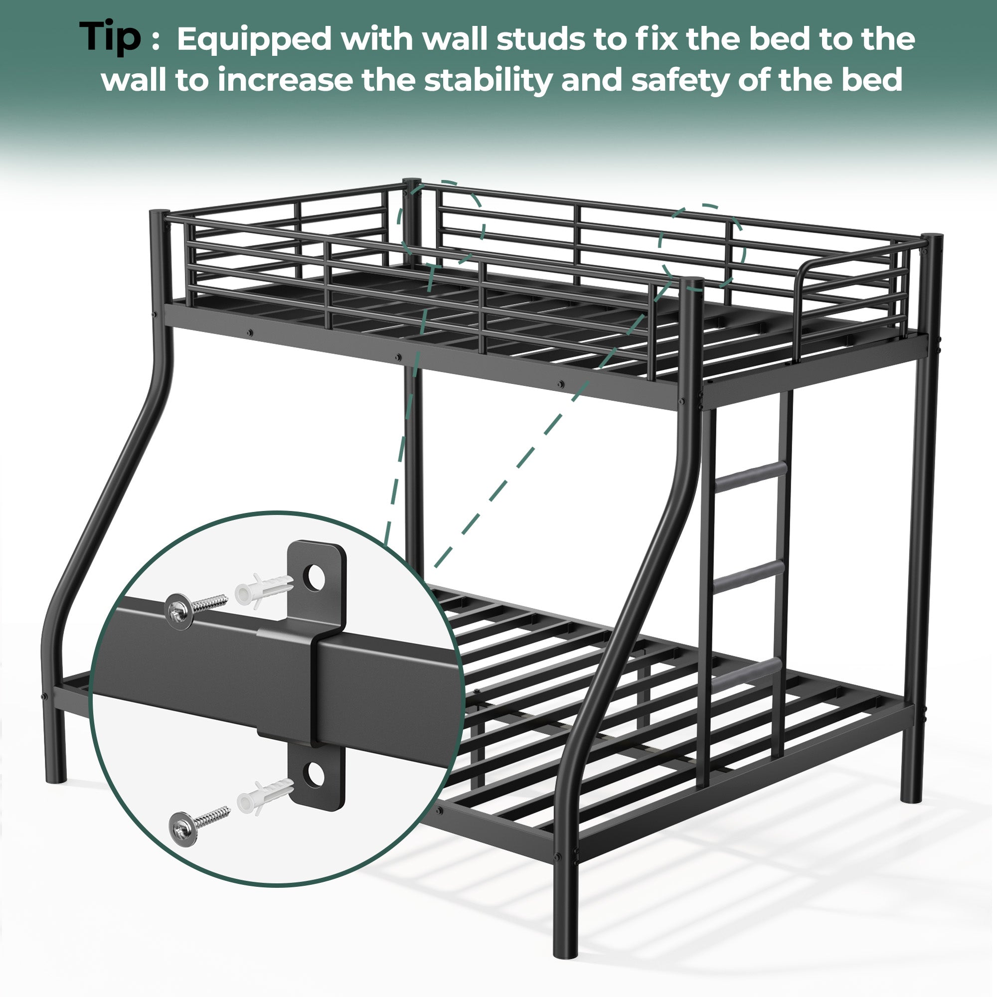 Netrum Twin XL over Queen Bunk Bed for Adults,Heavy Duty Metal Bunk Beds Frame with Wall Fastener Screws,Ladder & Full-Length Guardrail,Black