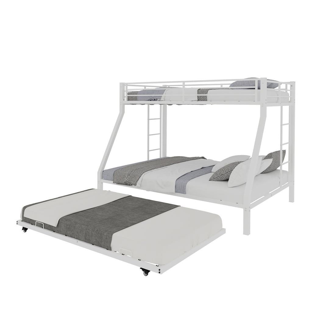 Kdymod Twin-XL over Queen Bunk Bed with Twin Trundle, Triple Bunk Bed with Ladder & Safety Guardrail, Bed Frame for Teens and Adults, Includes 3 6" Memory Foam Mattresses, White