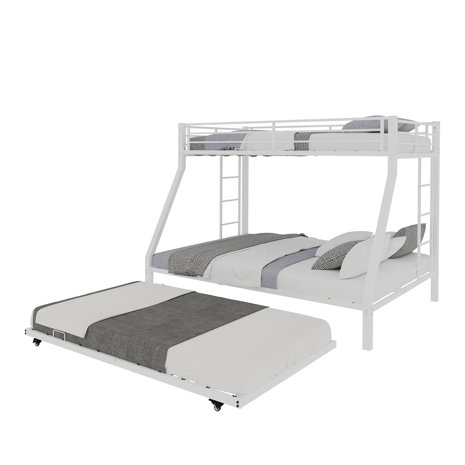 Kdymod Twin-XL over Queen Bunk Bed with Twin Trundle, Triple Bunk Bed with Ladder & Safety Guardrail, Bed Frame for Teens and Adults, Includes 3 6" Memory Foam Mattresses, White