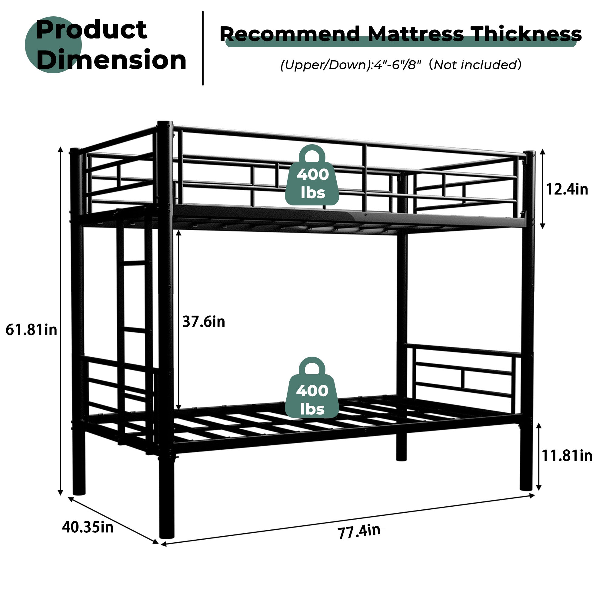 Kdymod Twin over Twin Metal Bunk Bed Converts to 2 Separate Beds, Space-Saving Bunk Bed Frame with Storage,Twin Bunk Bed with Built-in Ladder & Safety Guardrail, Black