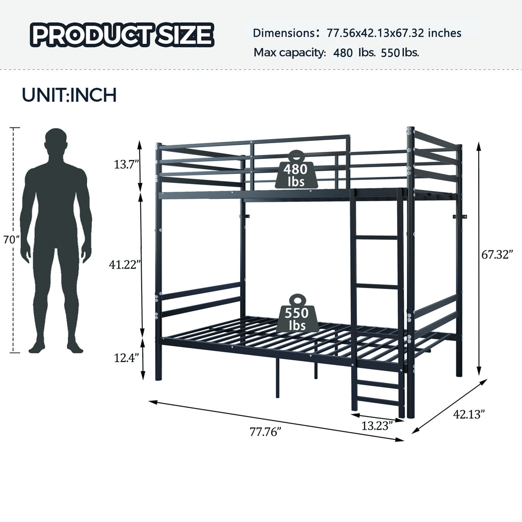 Kdymod Twin over Twin Metal Bunk Bed with Storage, Includes 2 Twin Size Memory Foam Mattresses, Converts to 2 Separate Beds, Heavy-Duty Bed Frame with Built-in Ladder & Safety Guardrail