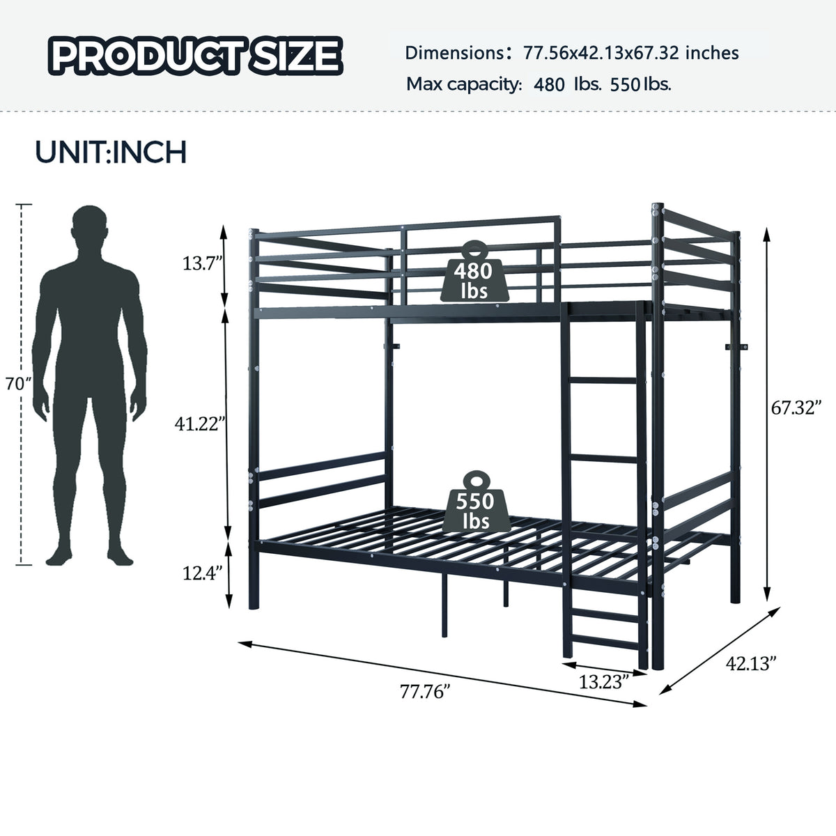 Kdymod Twin over Twin Metal Bunk Bed with Storage, Includes 2 Twin Size Memory Foam Mattresses, Converts to 2 Separate Beds, Heavy-Duty Bed Frame with Built-in Ladder & Safety Guardrail