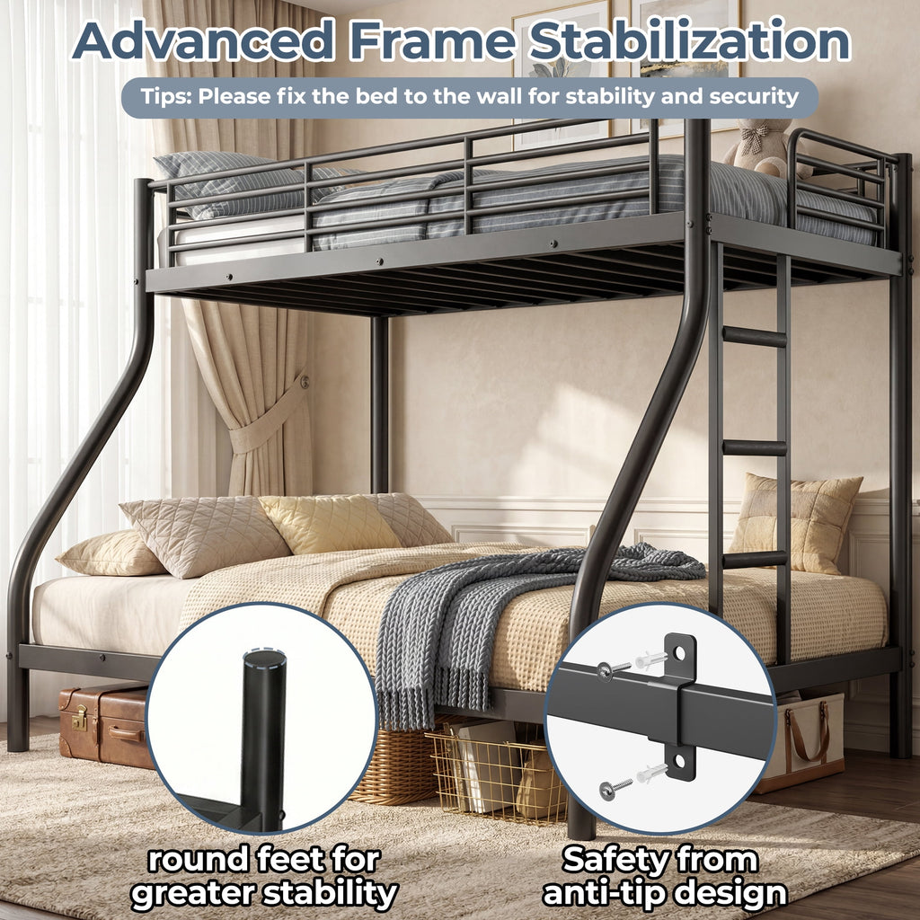 Kdymod Twin XL over Queen Metal Bunk Bed with Stairs & Storage, Space-Saving Heavy Duty Bed Frame for Adults & Teens, No Box Spring Needed, Black