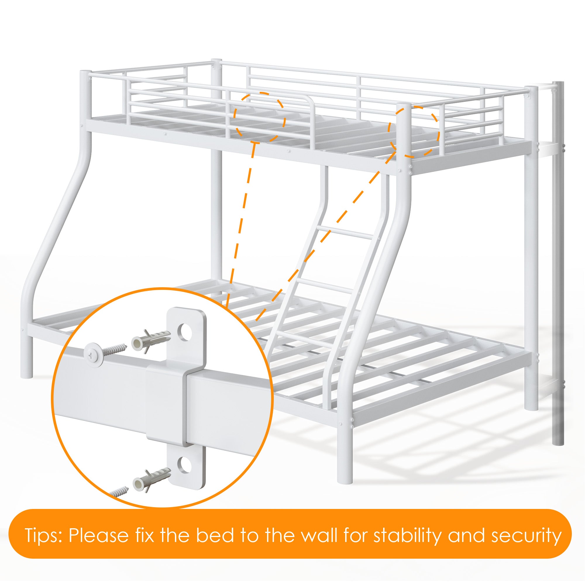 Kdymod Bunk Bed Twin over Full Bunk Beds with Ladder,Heavy Duty Metal Bunk Bed Frame with Wall Fastener Screws,Twin Full Size Bed Bunk Bed with Full-Length Guardrail for Adults,White
