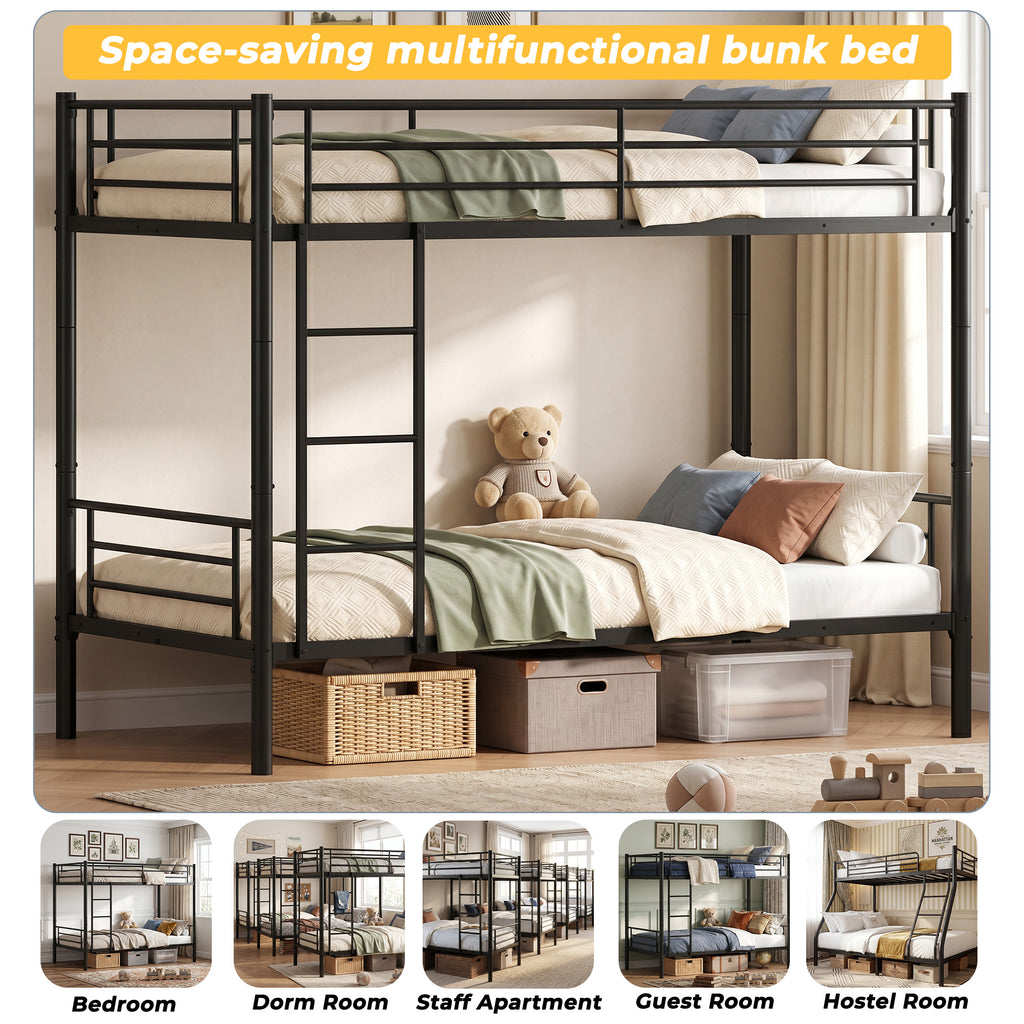 Kdymod Twin over Twin Metal Bunk Bed Converts to 2 Separate Beds, Space-Saving Bunk Bed Frame with Storage,Twin Bunk Bed with Built-in Ladder & Safety Guardrail, Black