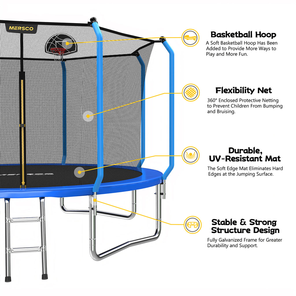 Mersco 12ft Trampoline for Kids and Adults,No-Gap Design Outdoor Trampoline with Basketball Hoop,Enclosure Net and Ladder,Jumping Trampoline SUPER for Boys and Girls Birthday Gift,Blue