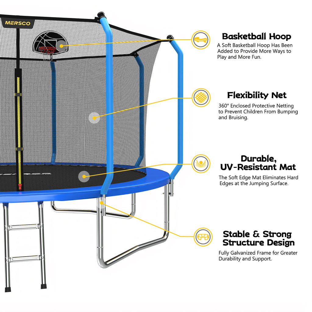 Mersco 14ft Trampoline for Kids and Adults,No-Gap Design Outdoor Trampoline with Basketball Hoop,Enclosure Net and Ladder,Jumping Trampoline SUPER for Boys and Girls Birthday Gift,Blue