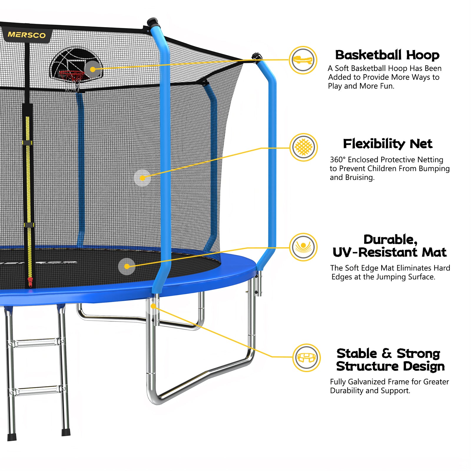 Mersco 14ft Trampoline for Kids and Adults,No-Gap Design Outdoor Trampoline with Basketball Hoop,Enclosure Net and Ladder,Jumping Trampoline SUPER for Boys and Girls Birthday Gift,Blue