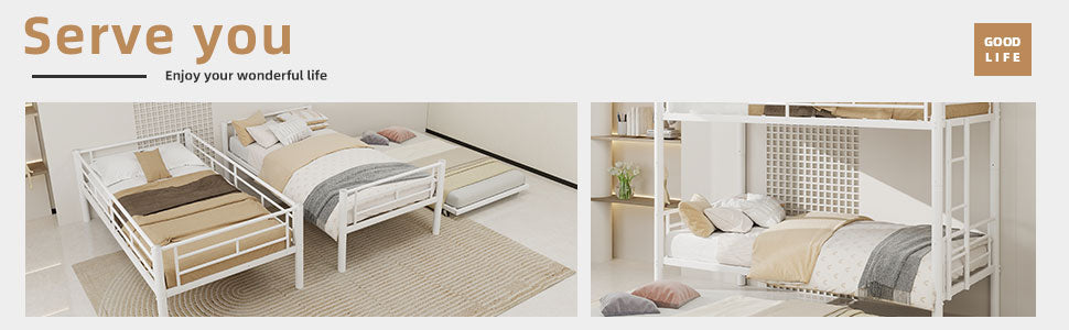 Uiowio Triple Bunk Bed Twin over Twin with Trundle,Triple Twin Bunk Bed with Ladder & Guardrail,Metal Convertible Triple Bunk Bed Frame for Teen & Adult,Bedroom,Dorm,White (Mattress not included)