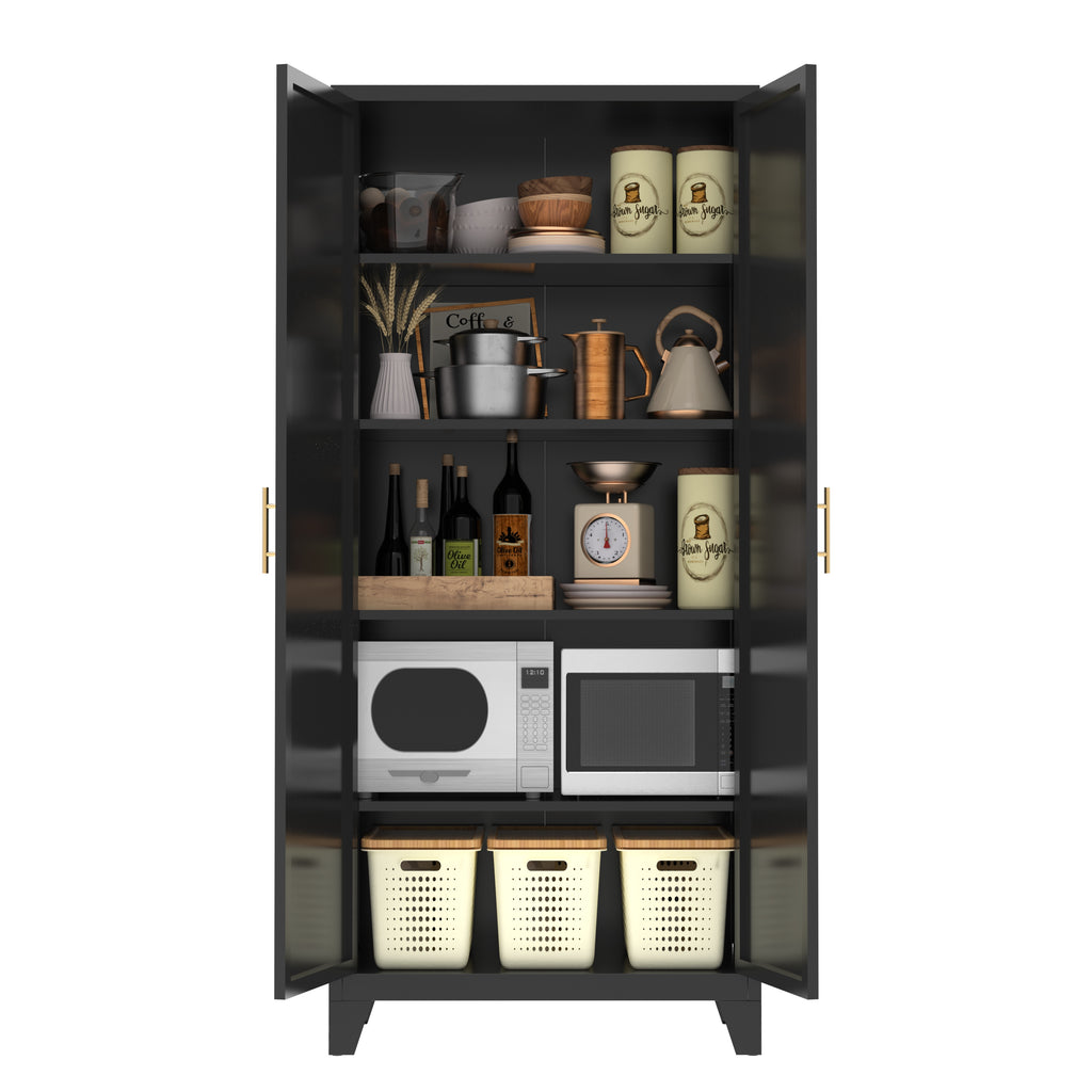 Uiowio 71" Height Metal Storage Cabinet, Modern Tall Steel Pantry Cupboard with 2 Shapely Doors and Adjustable Shelves for Kitchen Garage and Home,Black