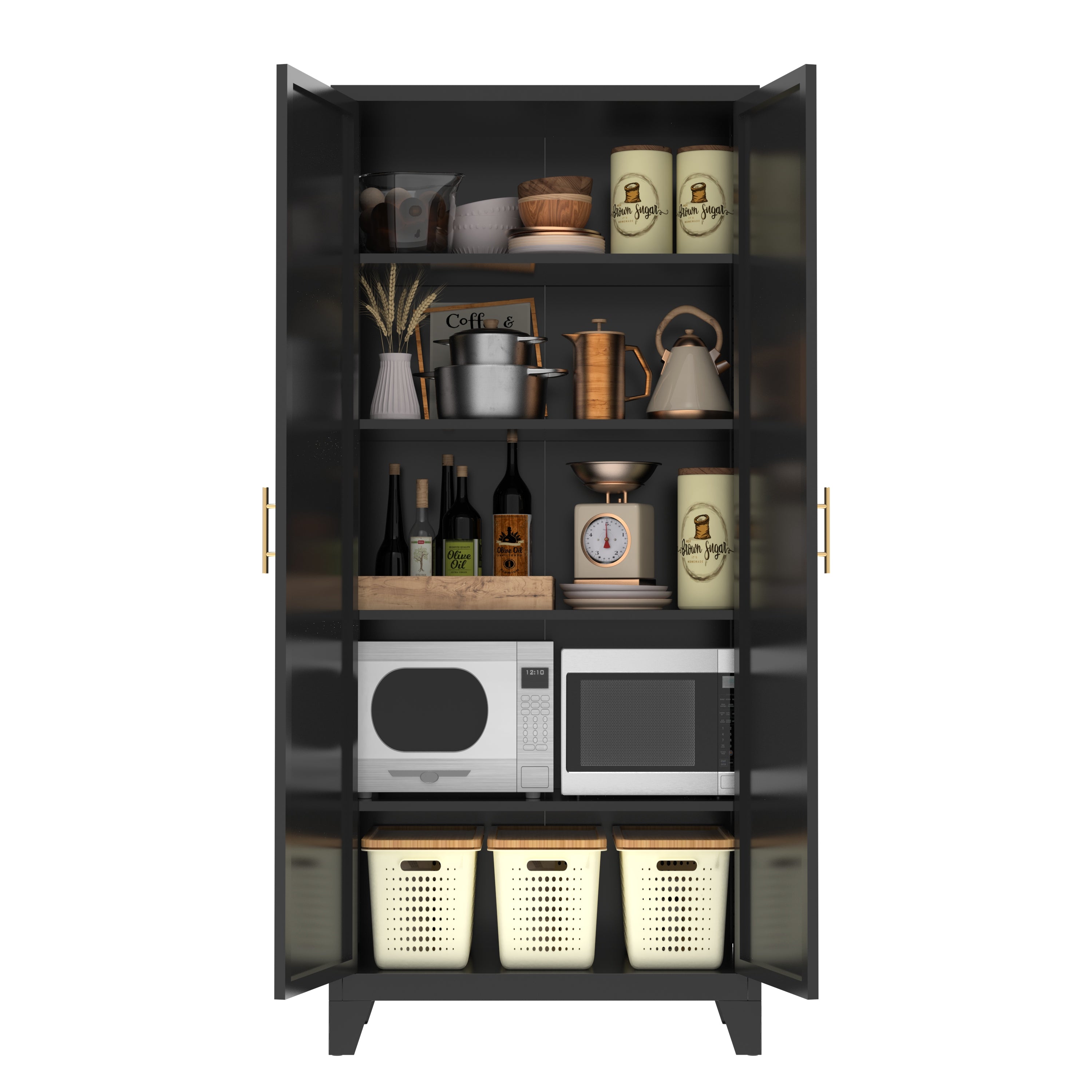 Uiowio 71" Height Metal Storage Cabinet, Modern Tall Steel Pantry Cupboard with 2 Shapely Doors and Adjustable Shelves for Kitchen Garage and Home,Black