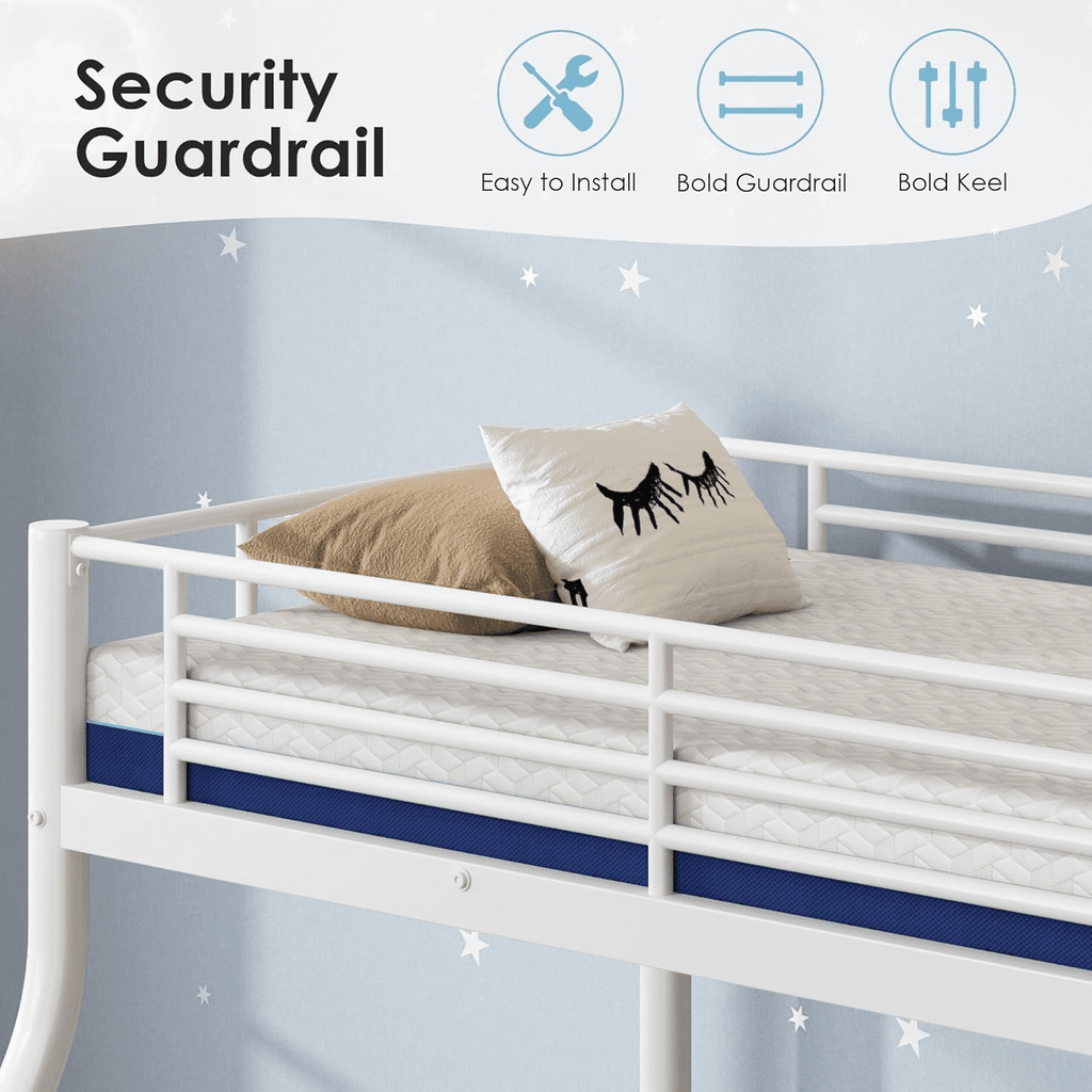 Kdymod Twin over Full Bunk Bed Set with 6" Mattresses Included,Twin Full Bunk Beds Frame with Memory Foam Mattresses,Heavy Duty Metal Bunk Bed with Guardrail & Ladder for Teen & Adults,White