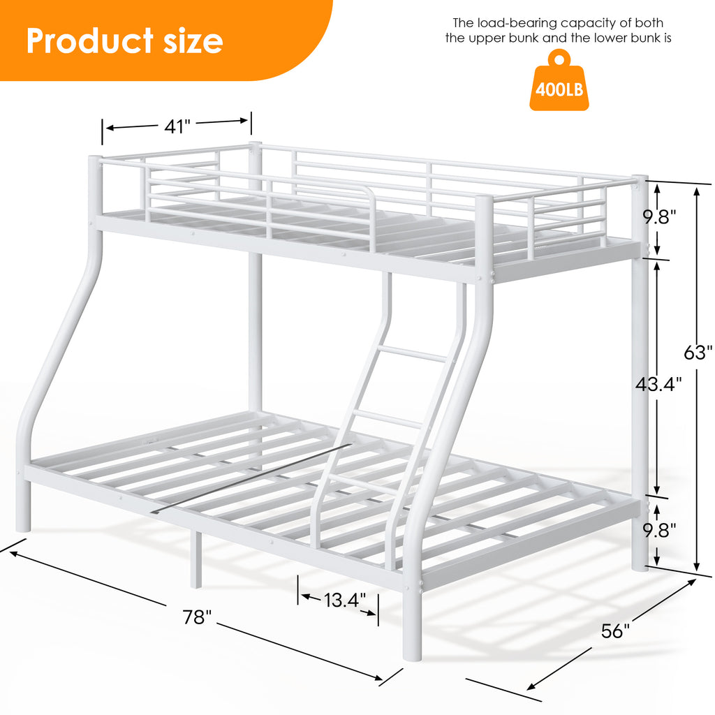 Kdymod Bunk Bed Twin over Full Bunk Beds with Ladder,Heavy Duty Metal Bunk Bed Frame with Wall Fastener Screws,Twin Full Size Bed Bunk Bed with Full-Length Guardrail for Adults,White