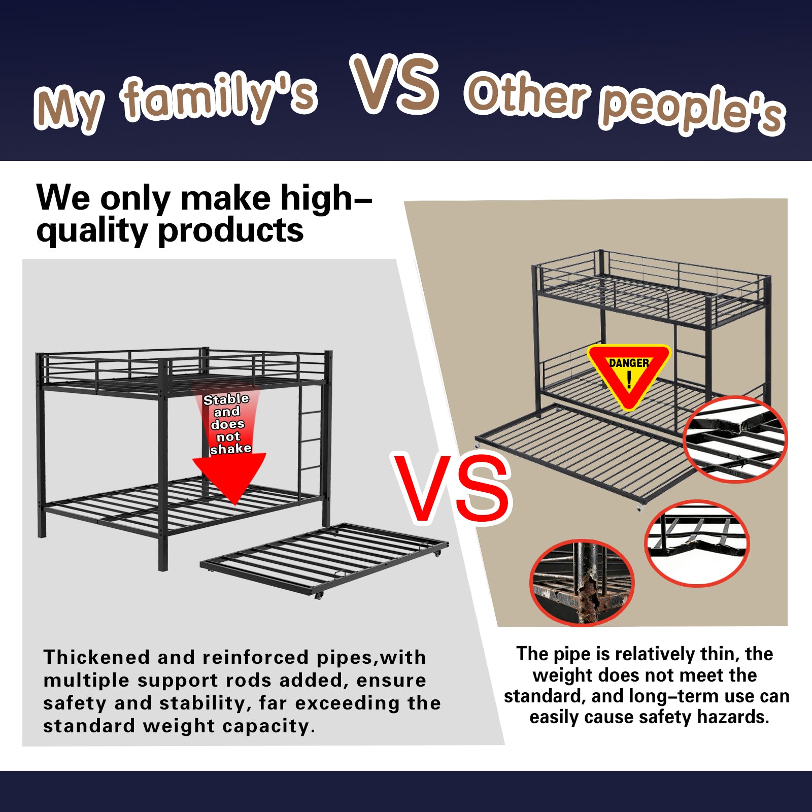 Kdymod Full over Full Bunk Bed with Twin Trundle, Triple Bunk Bed with Ladder & Safety Guardrail, Space-Saving 3-Bed Bunk Bed Frame for Teens and Adults, No Box Spring Needed, Black