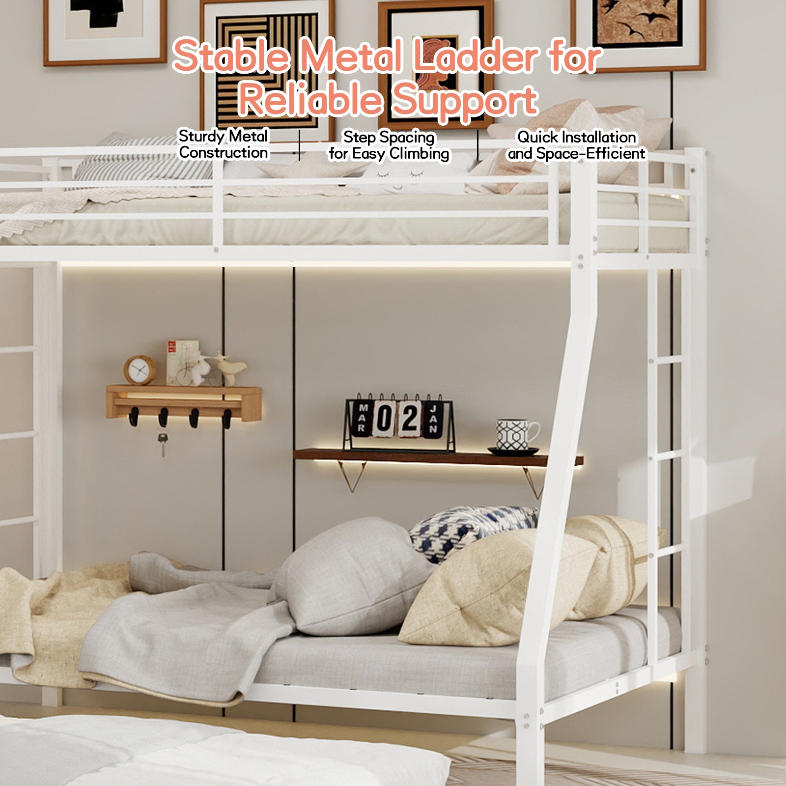 Kdymod Twin over Full Bunk Bed with Twin Trundle, Triple Bunk Bed with Ladder & Safety Guardrail, Space-Saving 3-Bed Bunk Bed Frame for Teens and Adults, Includes 3 6" Memory Foam Mattresses, White