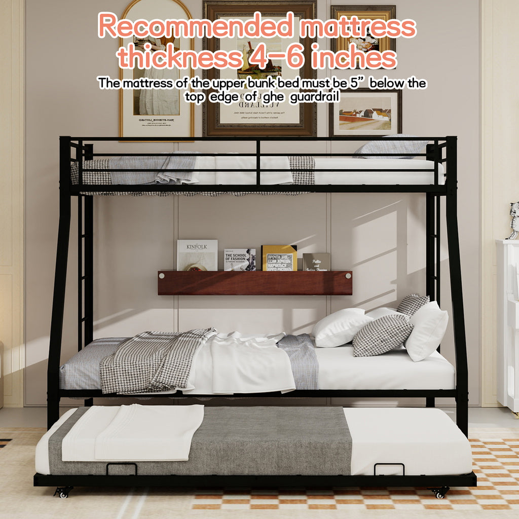Kdymod Twin-XL over Queen Bunk Bed with Twin Trundle, Triple Bunk Bed with Ladder & Safety Guardrail, Bed Frame for Teens and Adults, Includes 3 6" Memory Foam Mattresses, Black