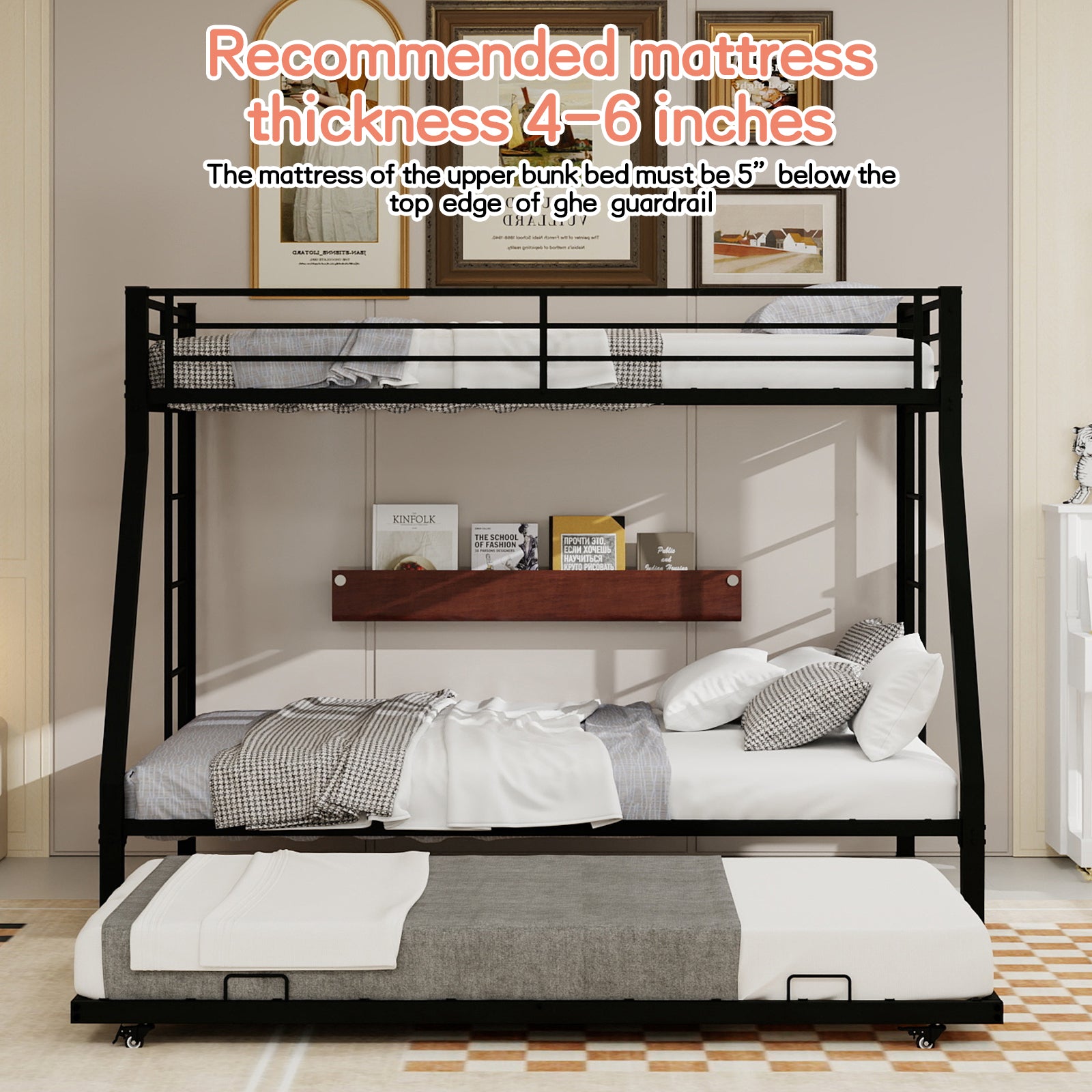 Kdymod Twin-XL over Queen Bunk Bed with Twin Trundle, Triple Bunk Bed with Ladder & Safety Guardrail, Space-Saving 3-Bed Bunk Bed Frame for Teens and Adults, No Box Spring Needed, Black