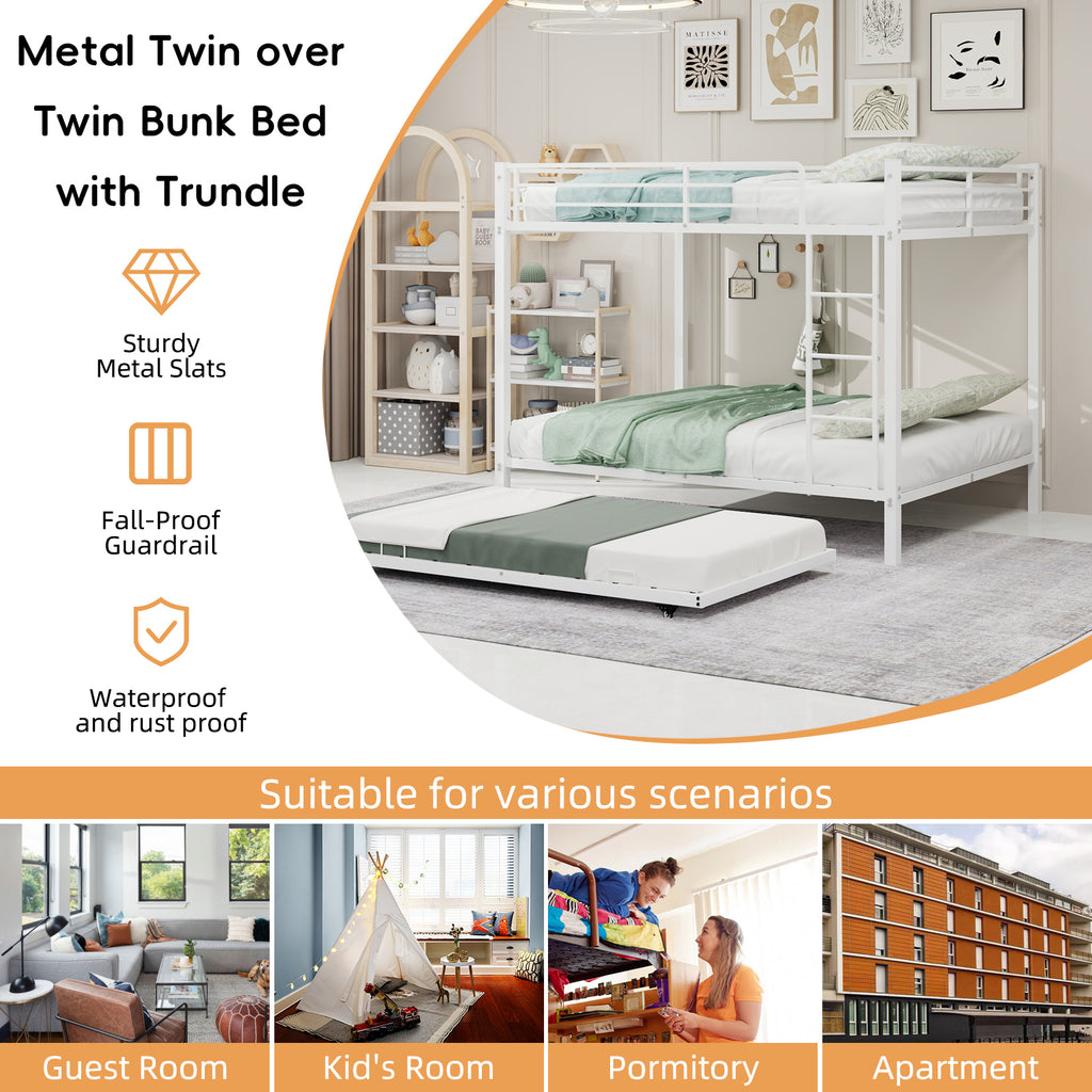 Kdymod Full over Full Bunk Bed with Twin Trundle, Triple Bunk Bed with Ladder & Safety Guardrail, Space-Saving 3-Bed Bunk Bed Frame for Teens and Adults, No Box Spring Needed, White
