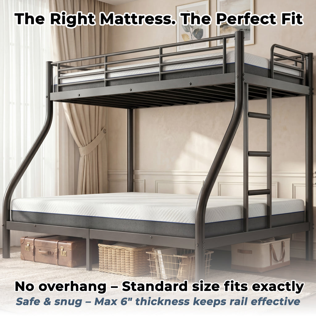 Kdymod Twin XL over Queen Metal Bunk Bed Set with Stairs & Storage, Heavy Duty Queen Bunk Bed Frame for Adults & Teens, Includes 6" Memory Foam Mattresses, No Box Spring Needed, Black