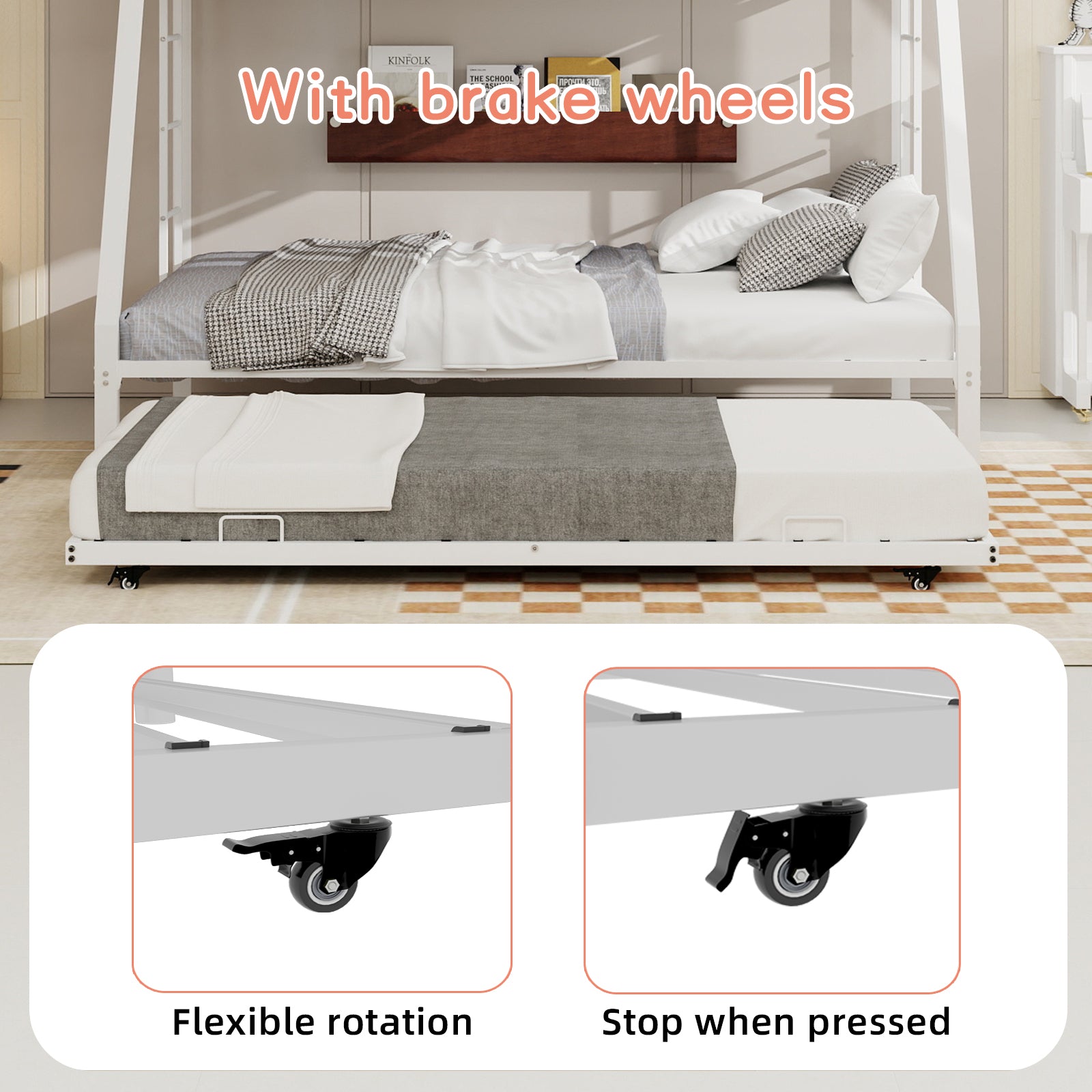 Kdymod Twin-XL over Queen Bunk Bed with Twin Trundle, Triple Bunk Bed with Ladder & Safety Guardrail, Space-Saving 3-Bed Bunk Bed Frame for Teens and Adults, No Box Spring Needed, White